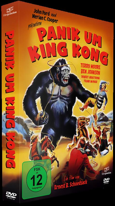 Ein Gorilla packt einen Mann, Cowboys zu Pferd und Filmplakat 'Panik um King Kong'.