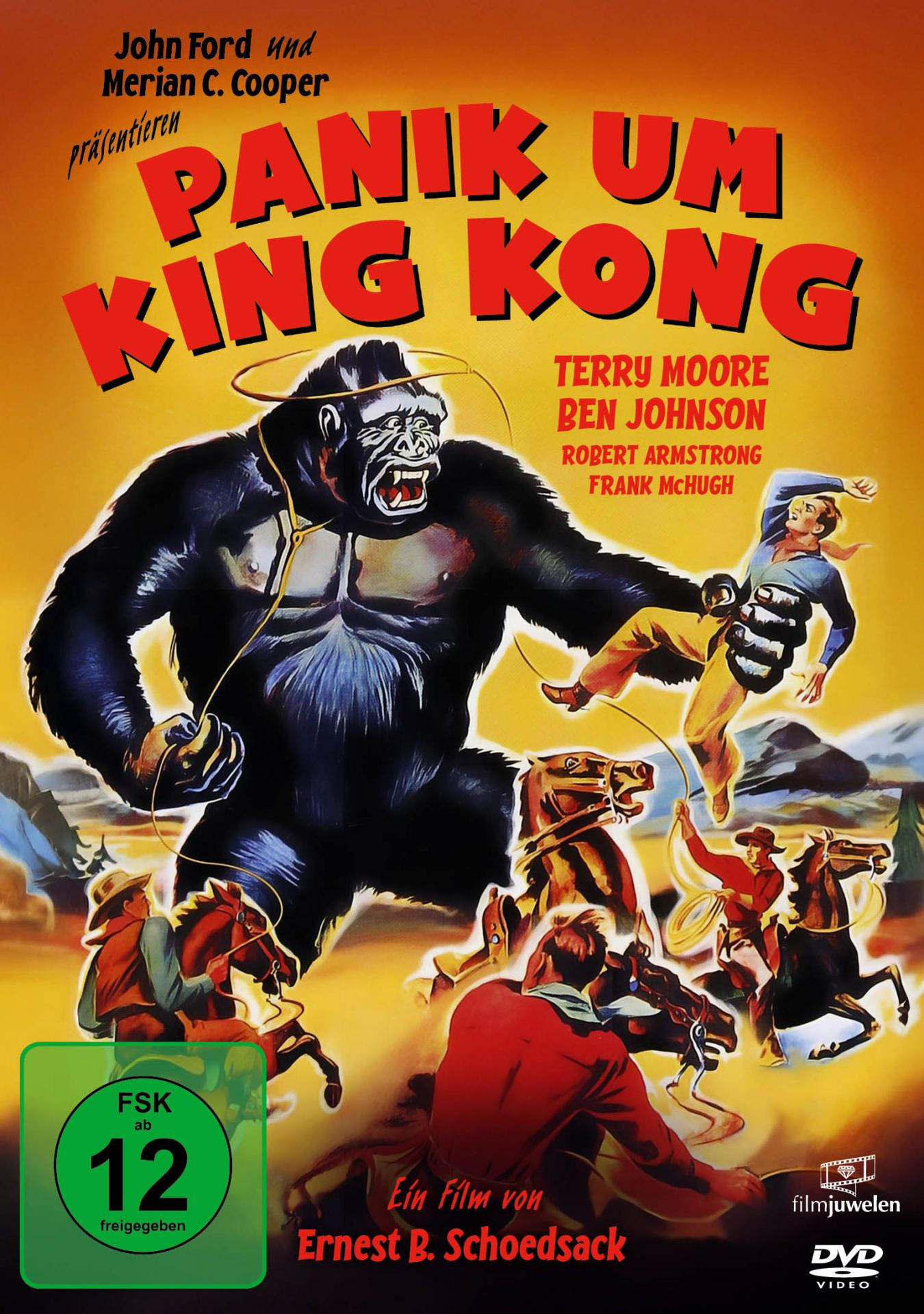 Ein Gorilla greift Männer auf Pferden an, die ihn mit einem Lasso einfangen wollen.