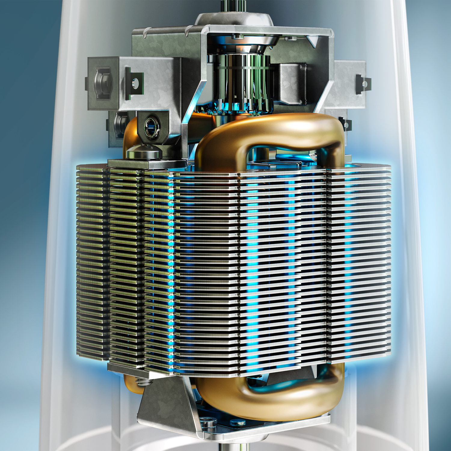 A cooler with gold pipes and silver fins, illuminated by blue light.