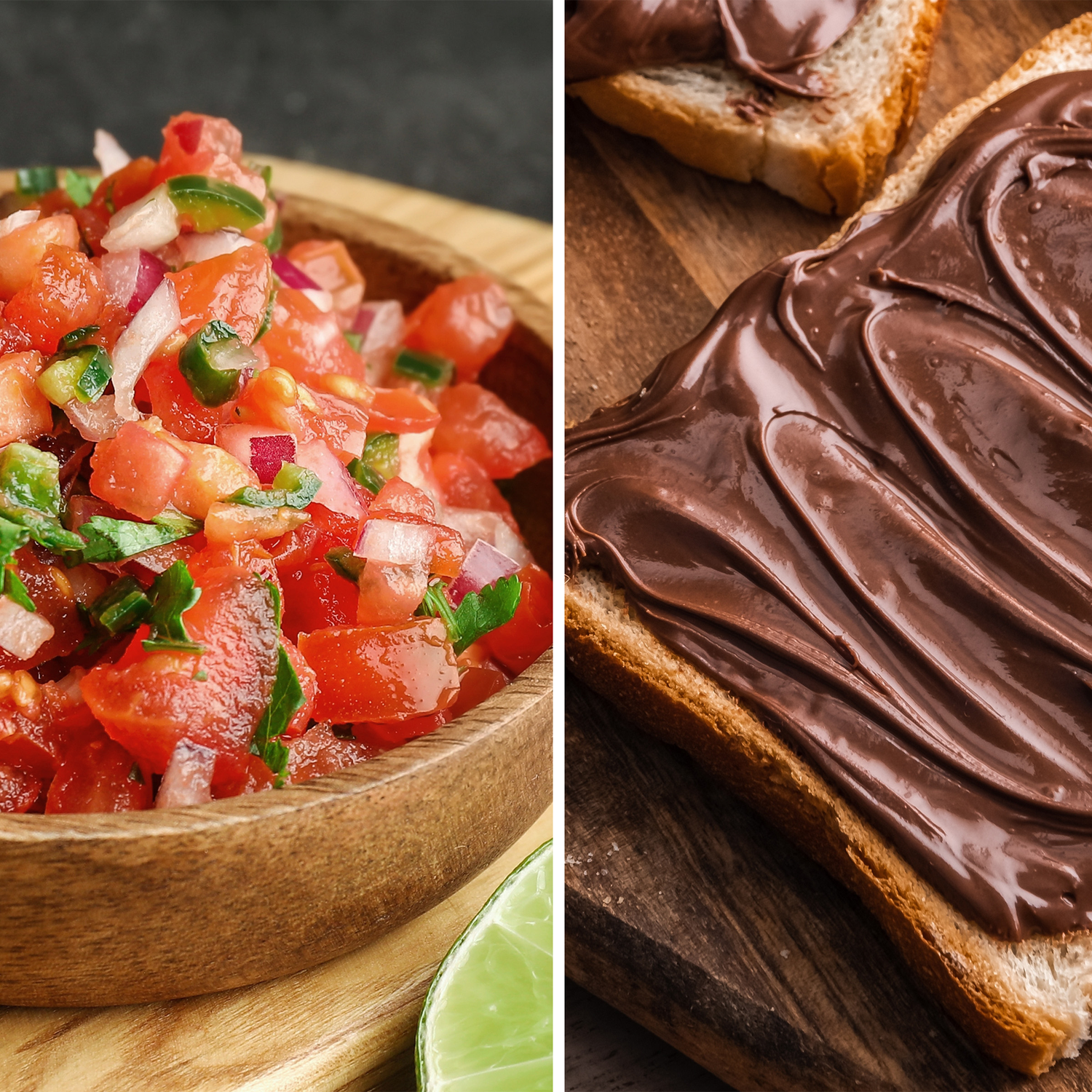 Fresh salsa in a wooden bowl next to toast with chocolate spread.