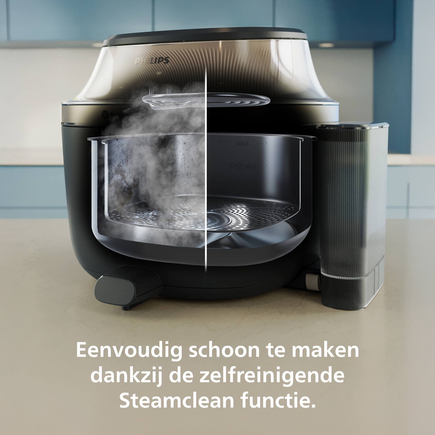 A steam cooker split in half: one steaming, the other clean.