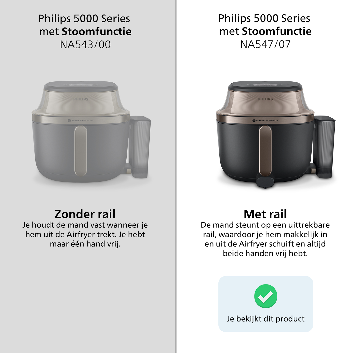 Two Philips Airfryer models: one without and one with a pull-out rail.