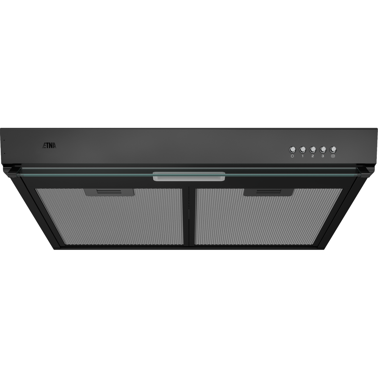 Black range hood with glass front and control buttons.