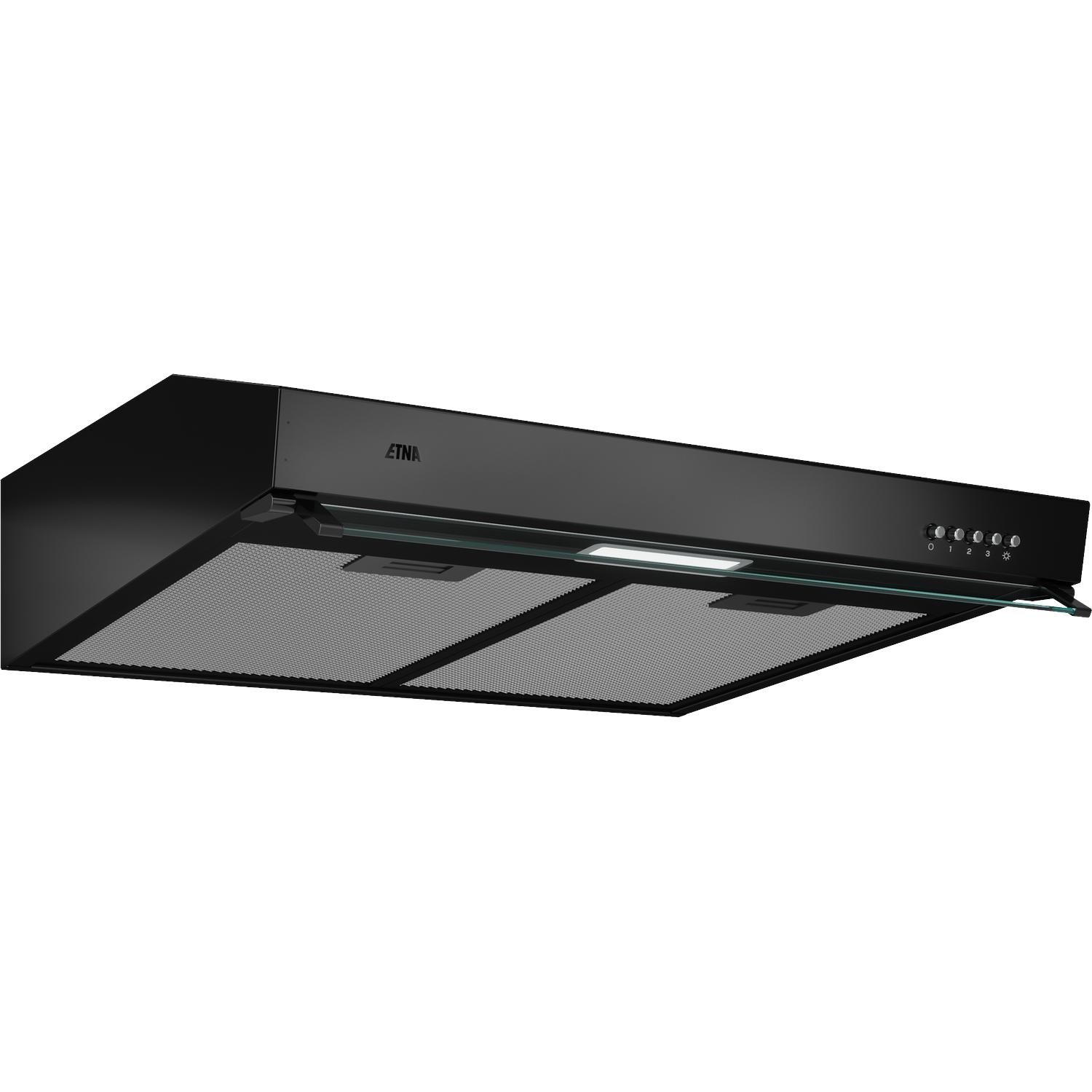 Black range hood with glass trim and control buttons.