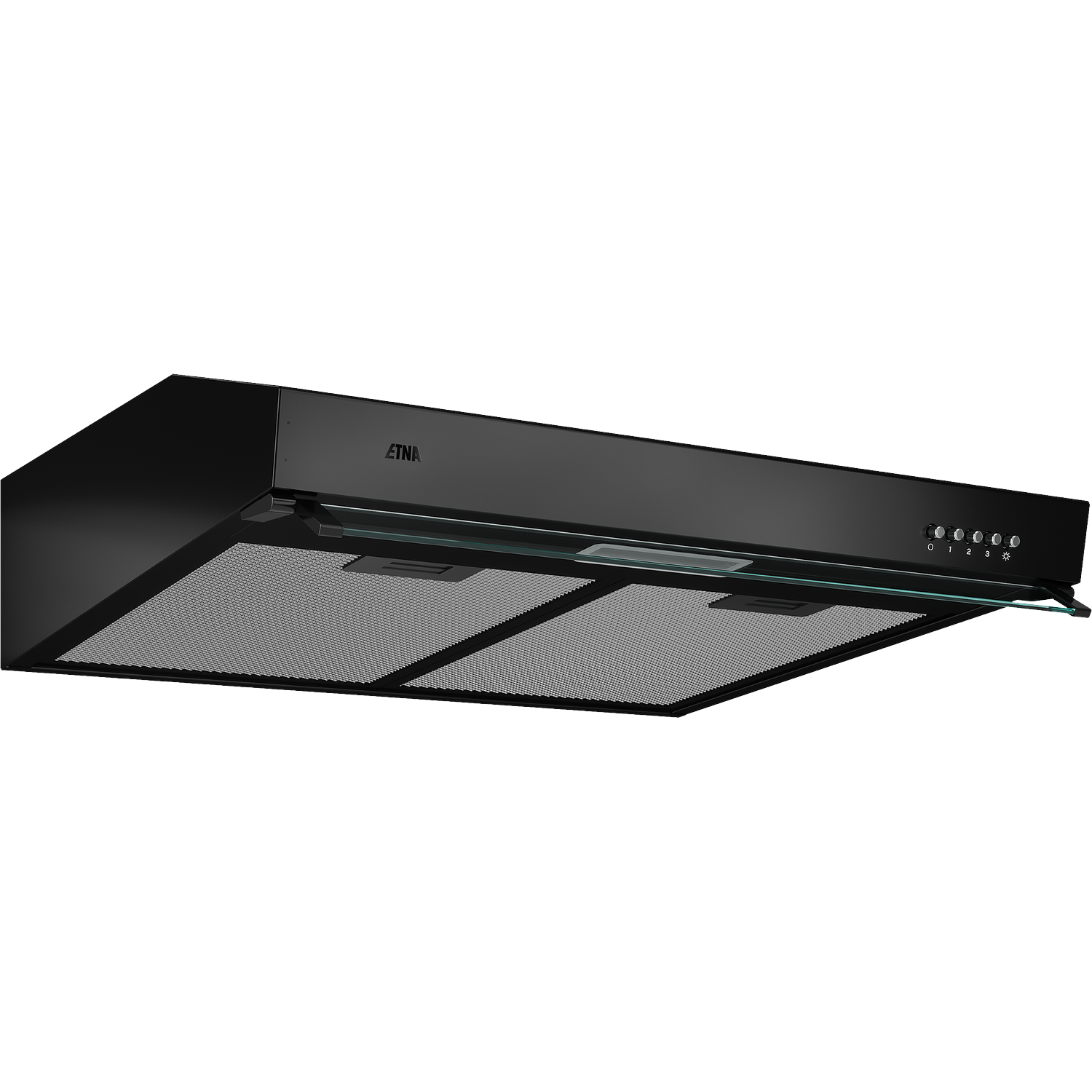Black range hood with a glass front and control buttons.
