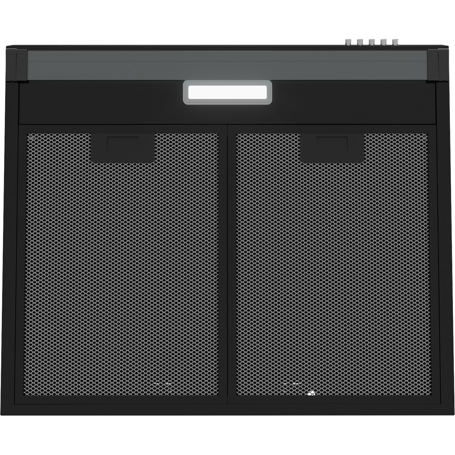A black range hood with two mesh panels and a light strip.