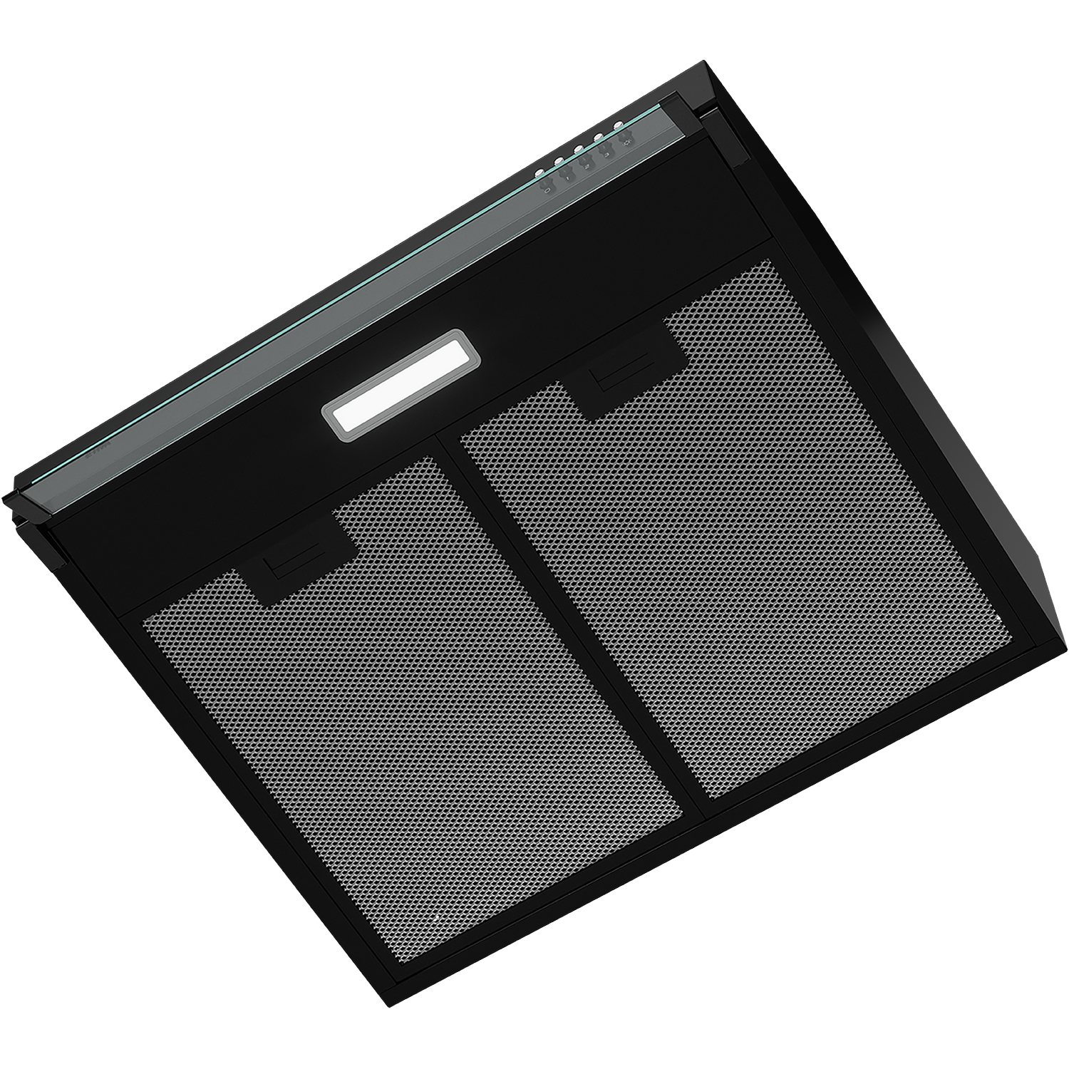 Black kitchen hood filter with metal mesh and light. White background.