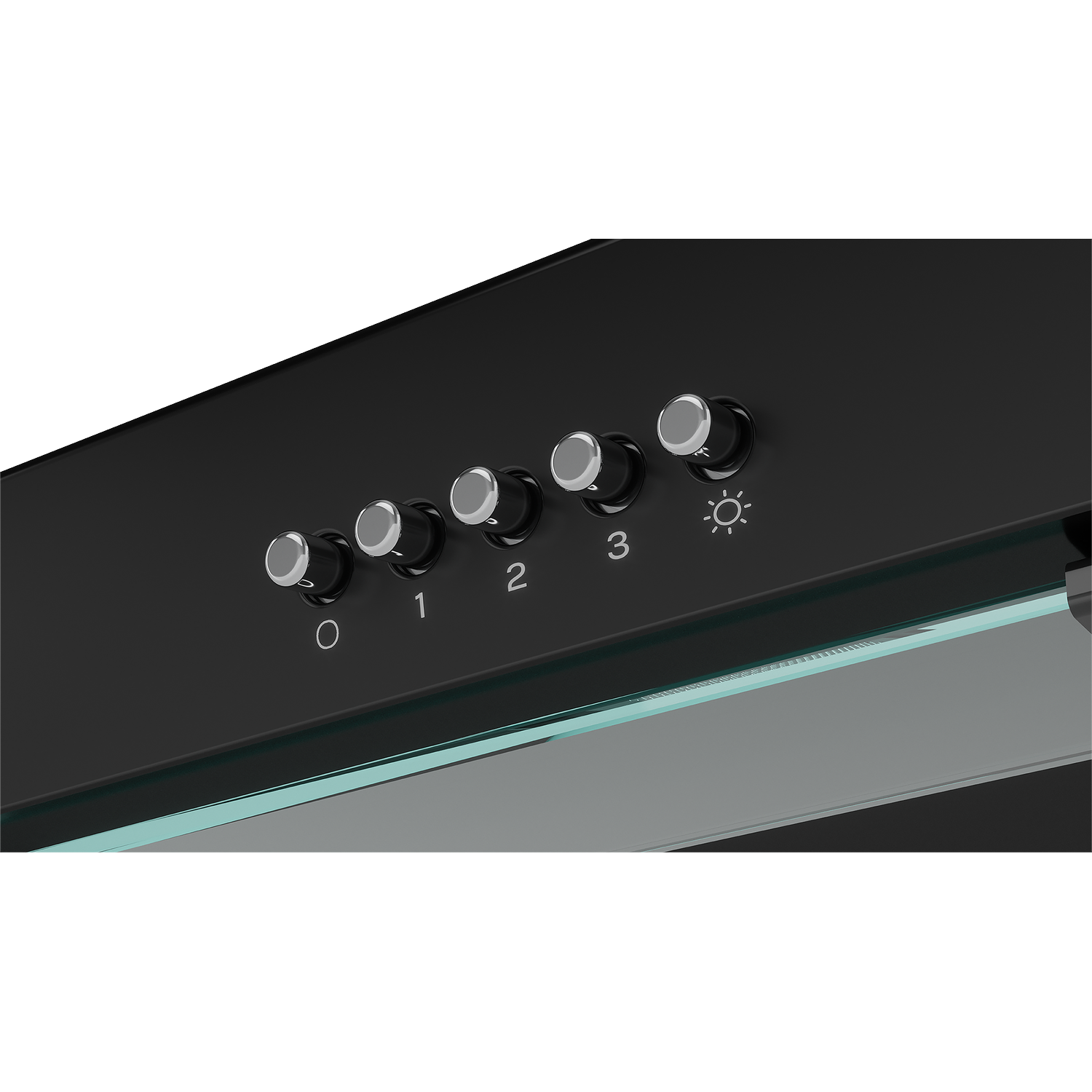 Close-up of knobs on a range hood with 0, 1, 2, 3, and light symbol.