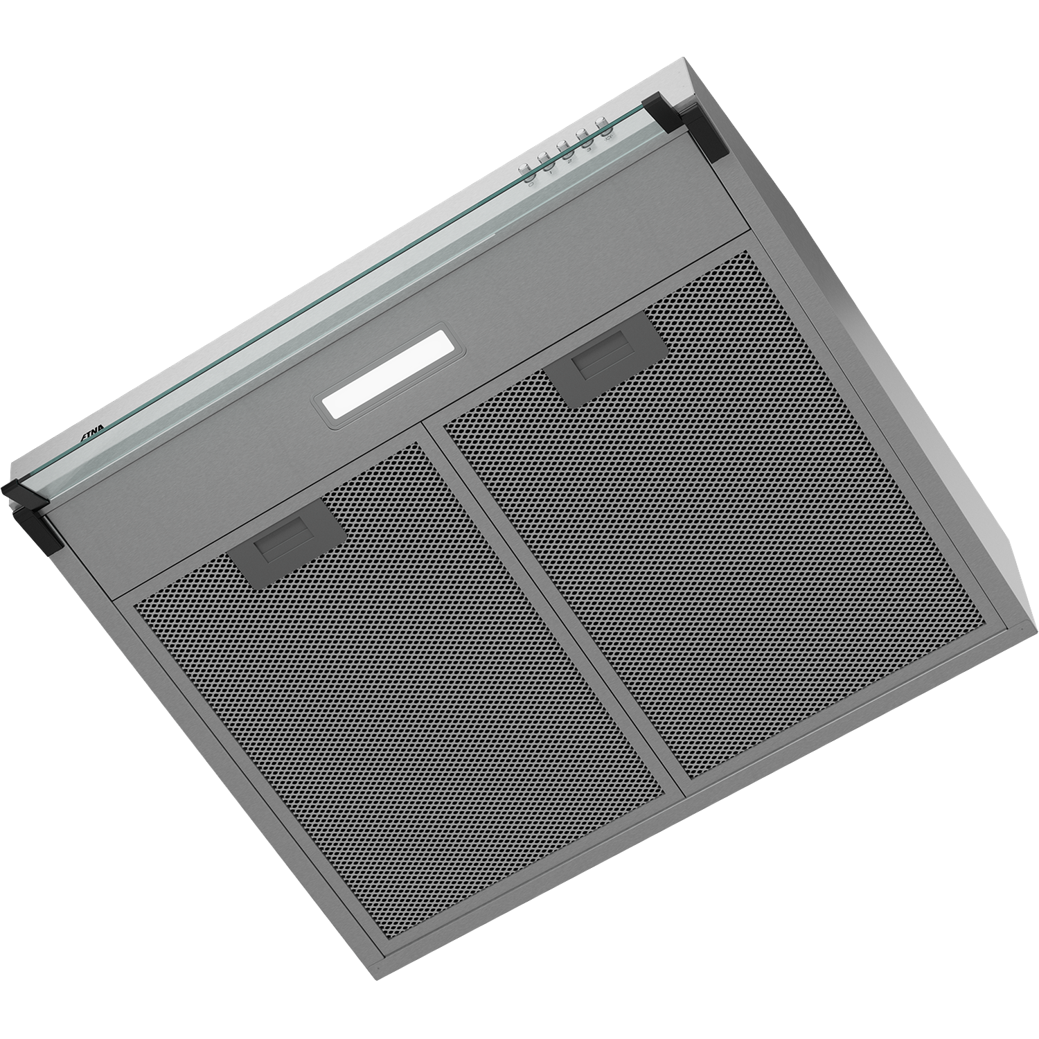 RVS afzuigkap met glazen rand, metalen filters en bedieningselementen.