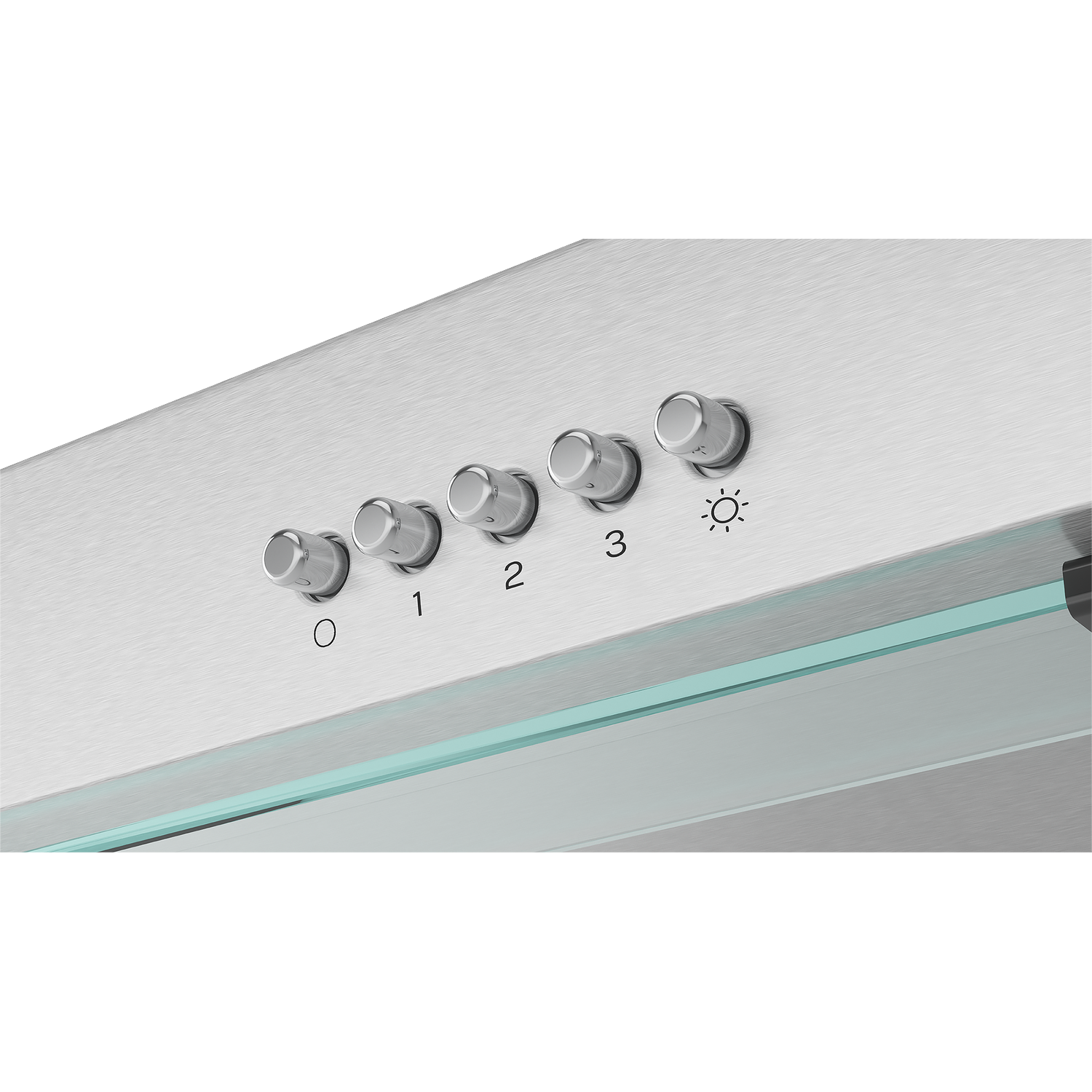 Geborsteld metalen bedieningspaneel met drie knoppen en een lichtsymbool.