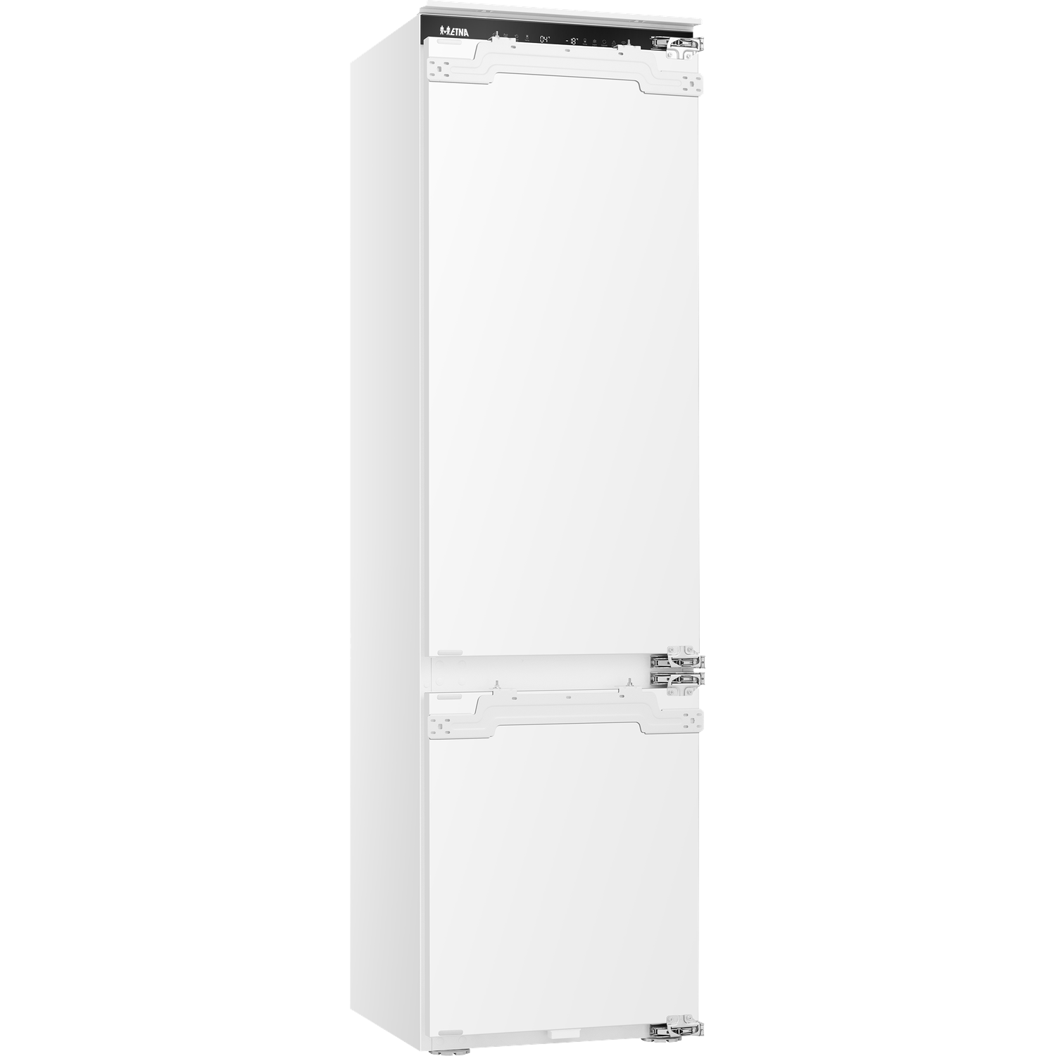 A tall, white, built-in refrigerator with a black control panel at the top.