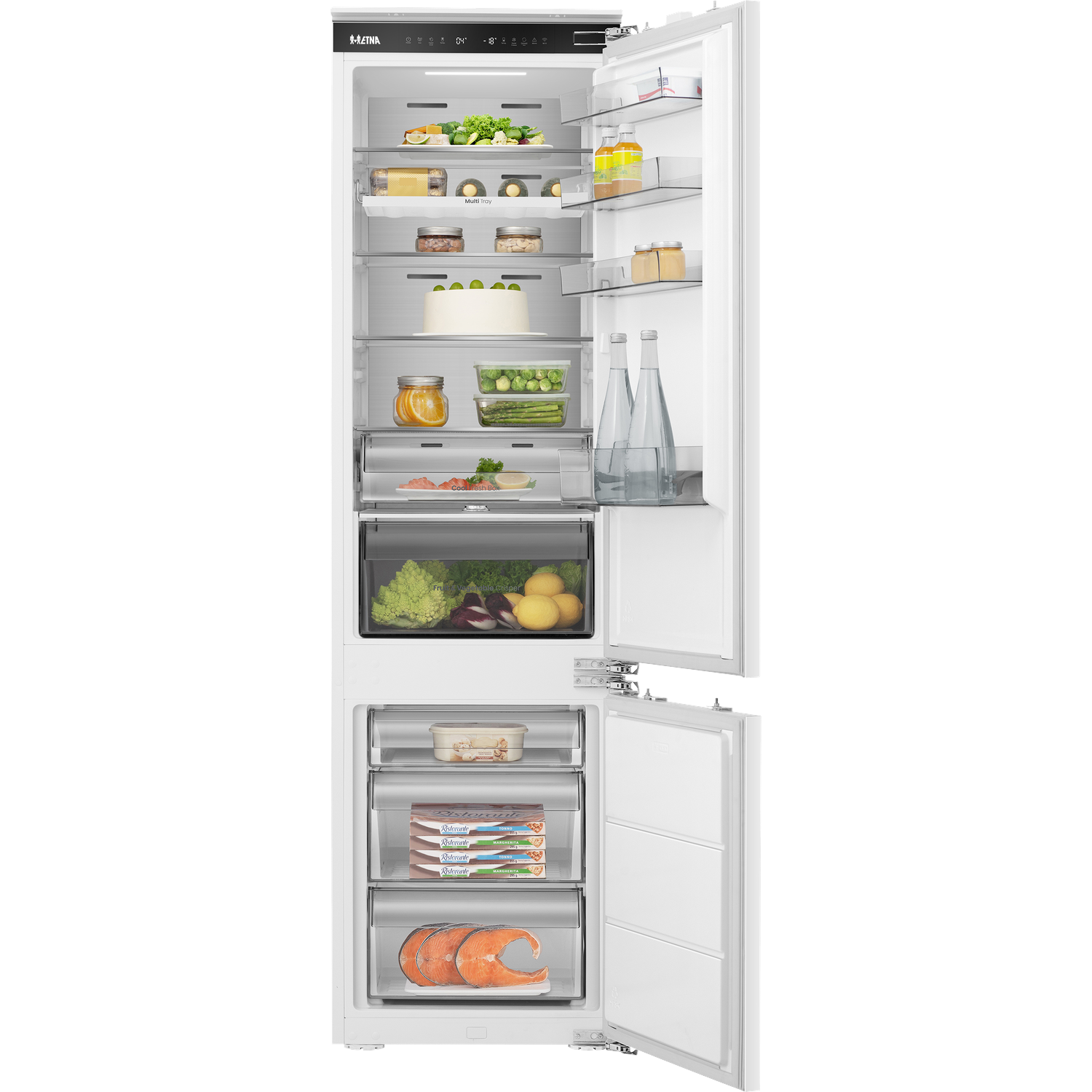 An open white refrigerator stocked with food items like cake, vegetables, fruit, and fish.