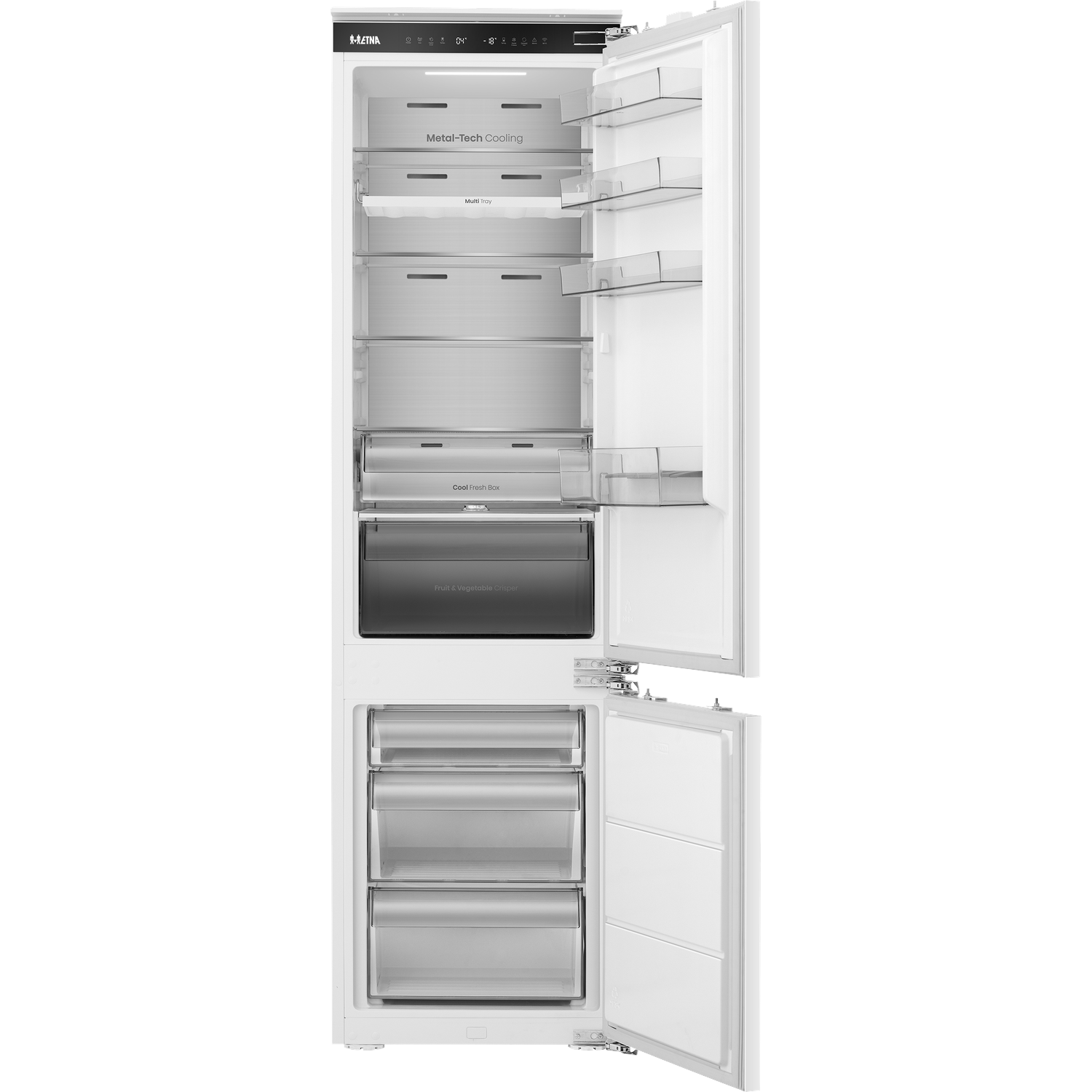 Open white refrigerator with LED lighting, multiple shelves, and drawers.