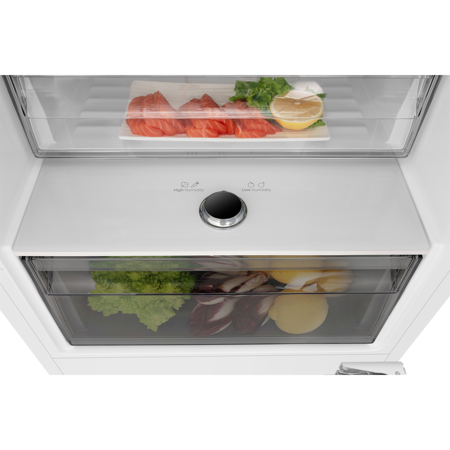 Food in fridge drawers: salmon, lettuce, lemon, broccoli, radicchio, potatoes.