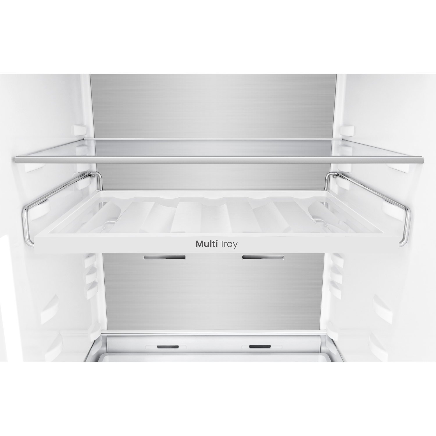 Interior view of a refrigerator with a glass shelf and a "Multi Tray" drawer.