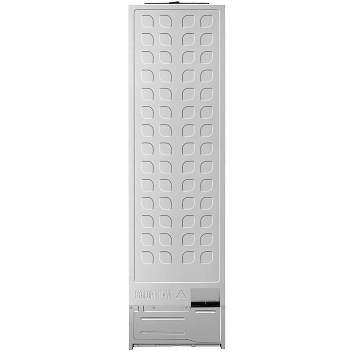 Back of a white refrigerator with cooling fins and labeling.