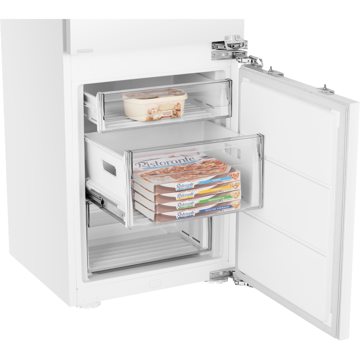 Open white freezer with ice cream and pizza boxes inside.