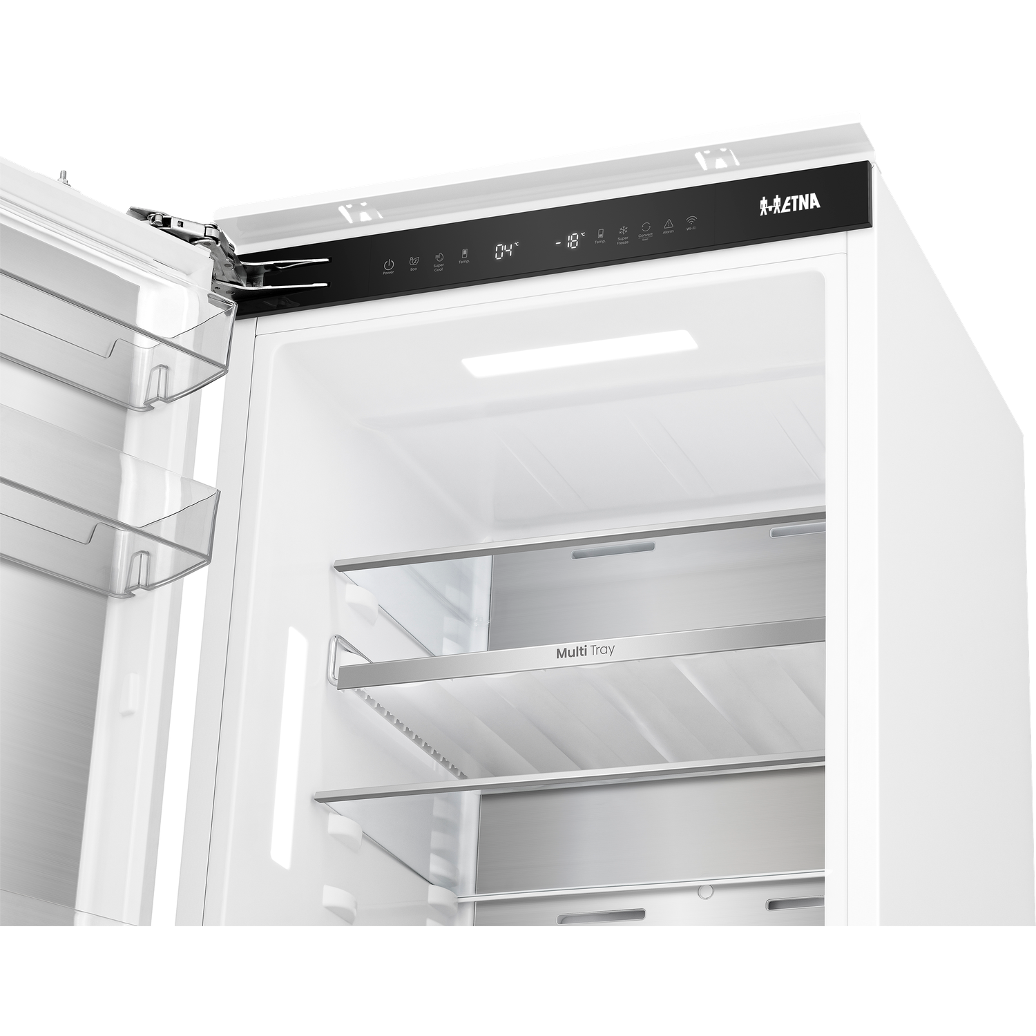 Open refrigerator with shelves and digital display at the top. White and silver.