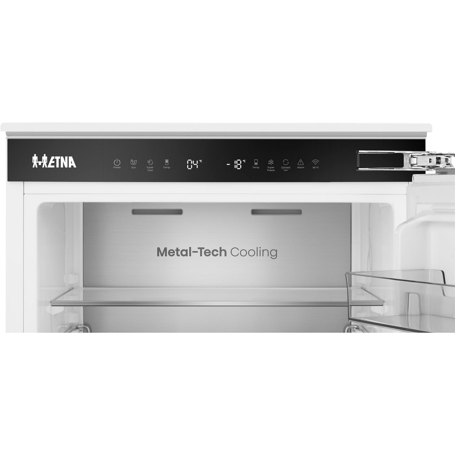 Interior of a built-in refrigerator with Etna logo, control panel, and shelves.
