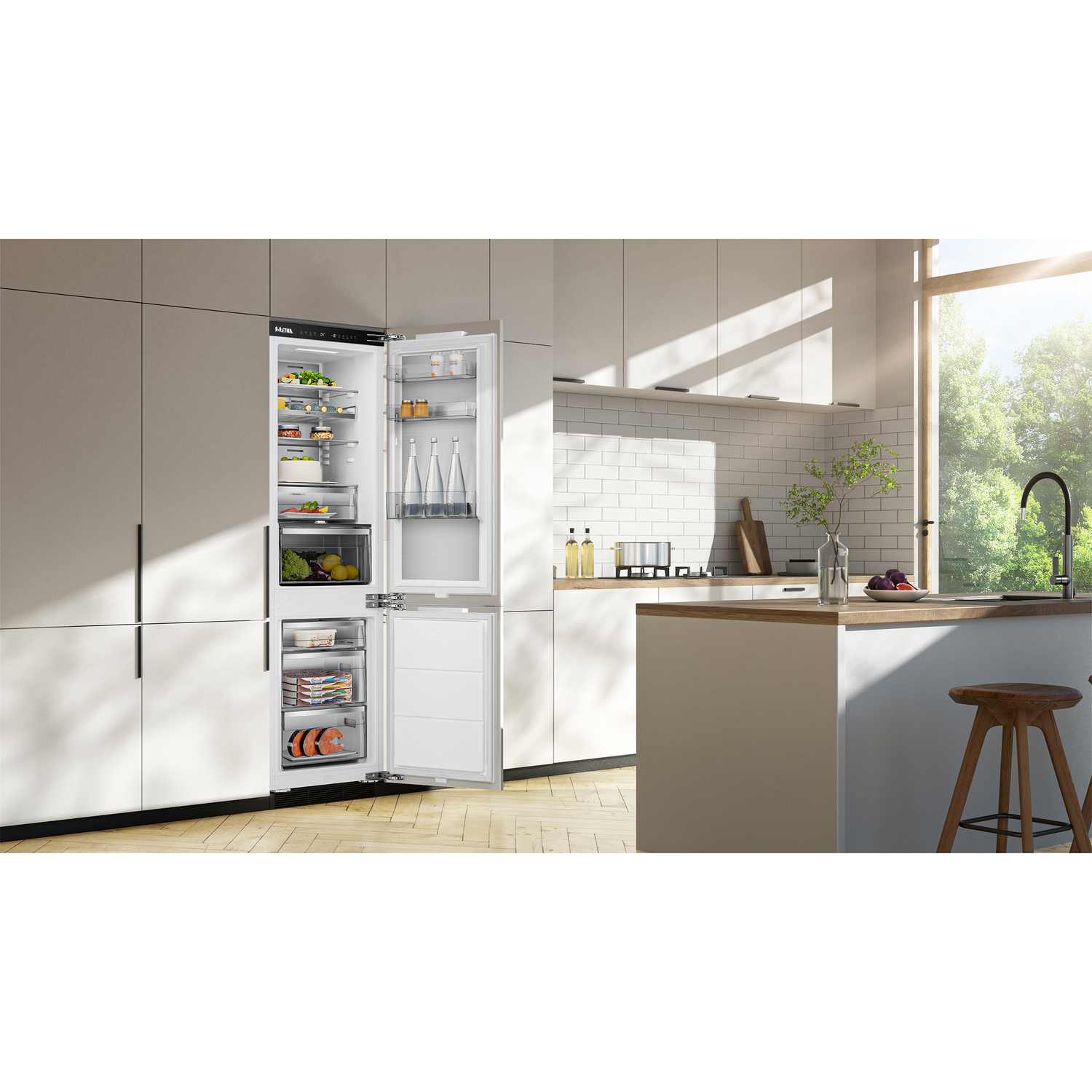 An open refrigerator in a modern kitchen, overlooking a dining area.