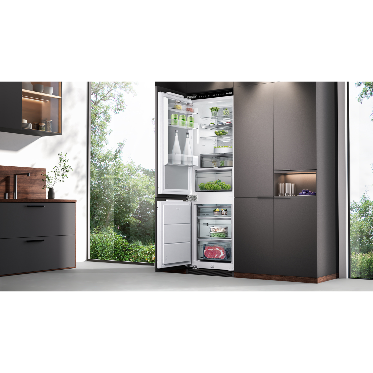 Open refrigerator with food, next to dark cabinets and a window.