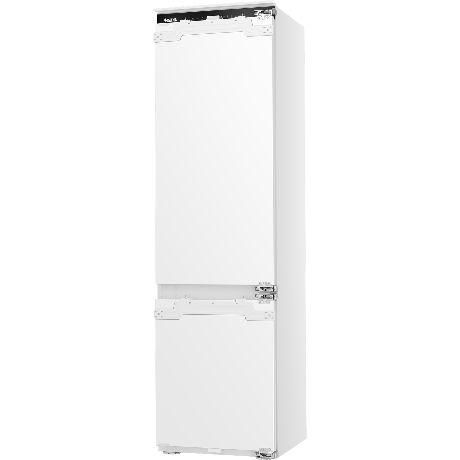 A white, tall refrigerator with silver controls at the top.