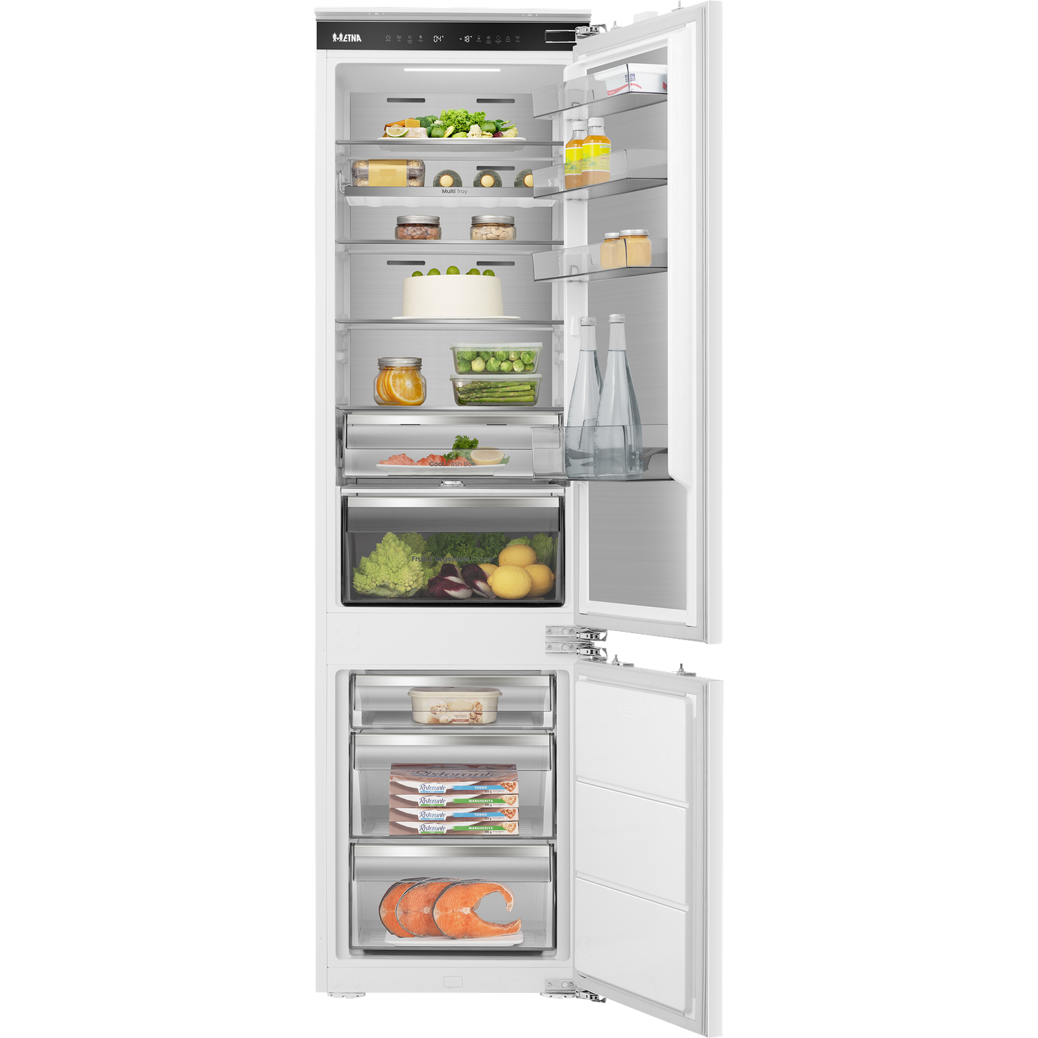 An open refrigerator filled with food items such as cake, vegetables, fish, and drinks.