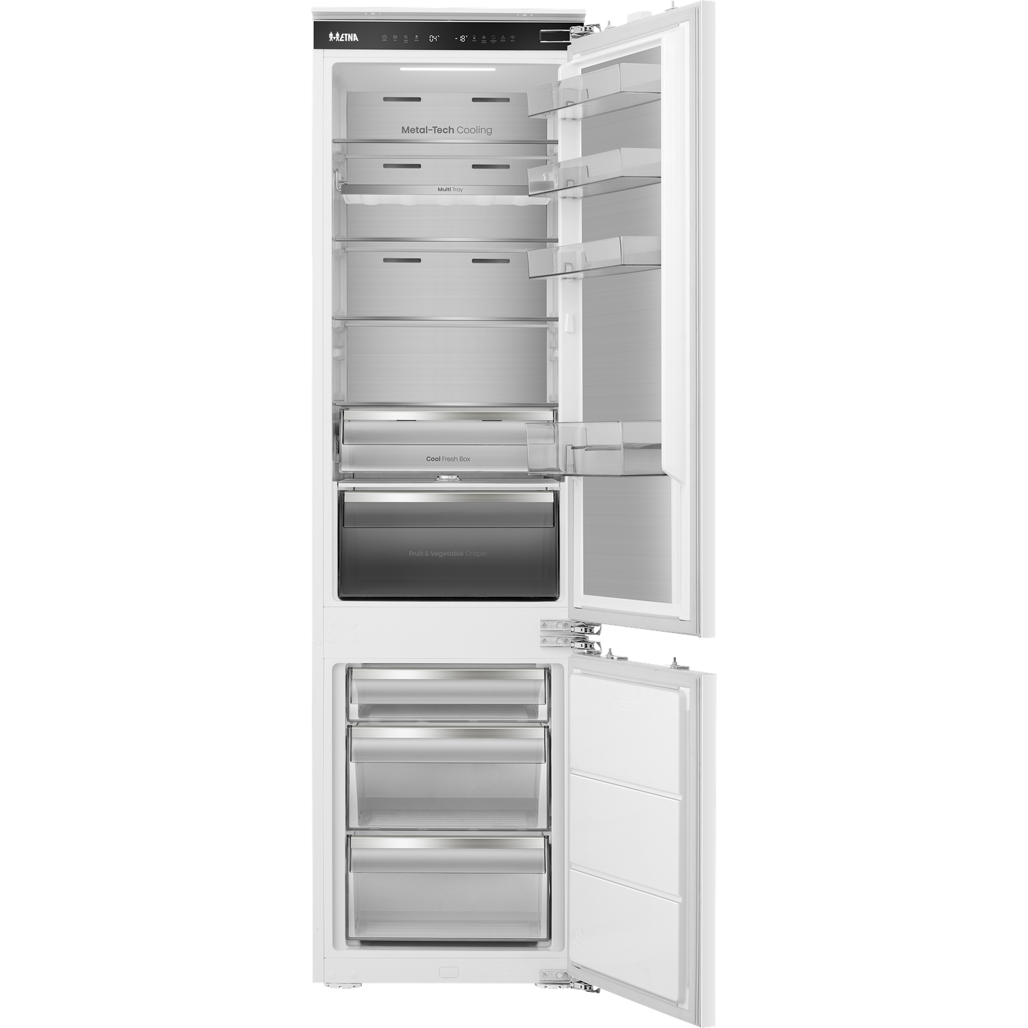 A white refrigerator with open doors, interior lighting, and glass shelves.