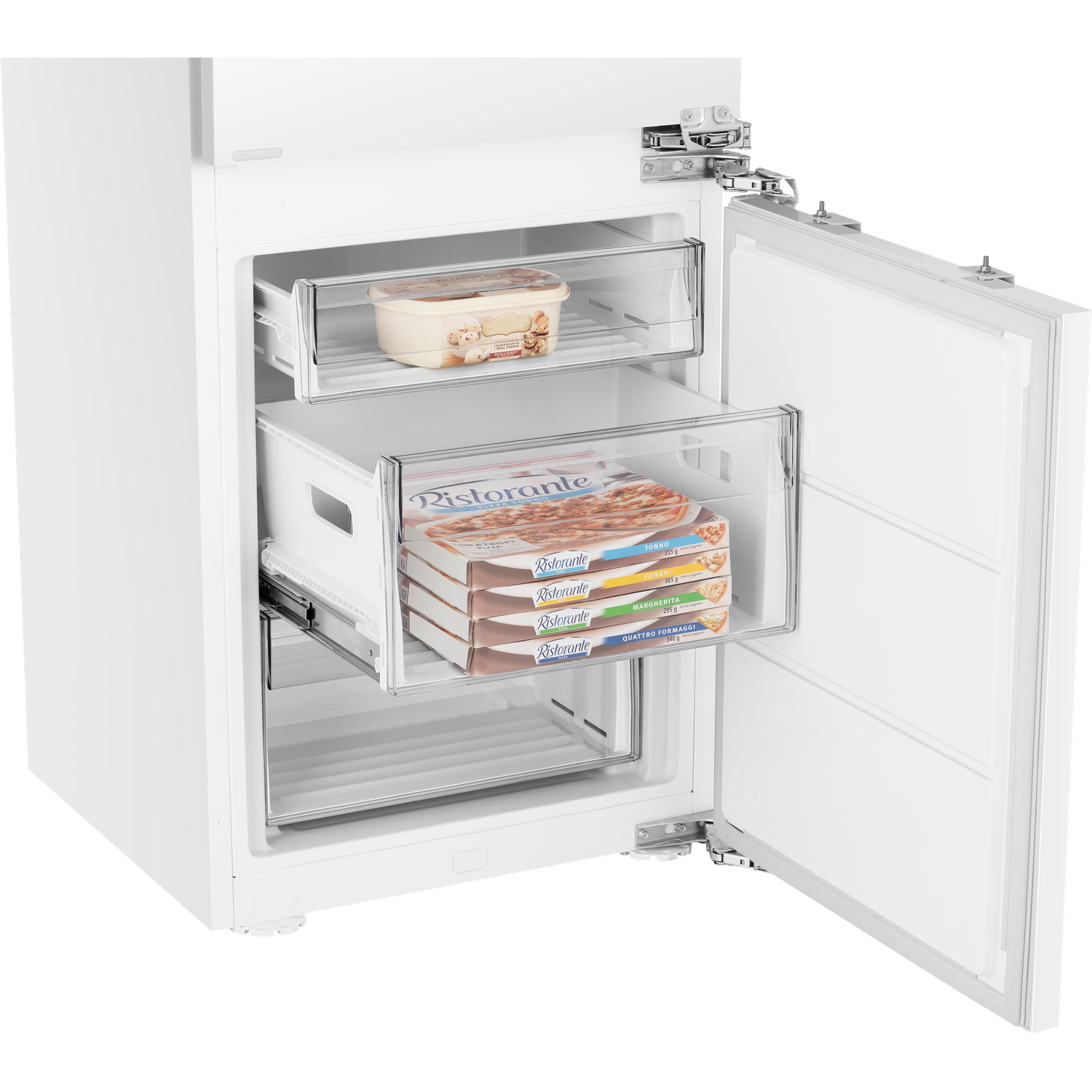 An open white freezer with two drawers, filled with pizza and ice cream.
