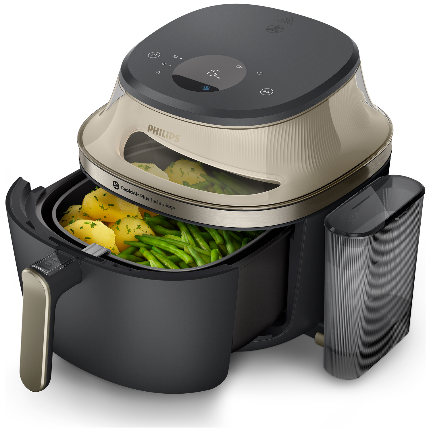 Een zwarte Philips airfryer met transparant deksel toont groene bonen en aardappelen binnenin.