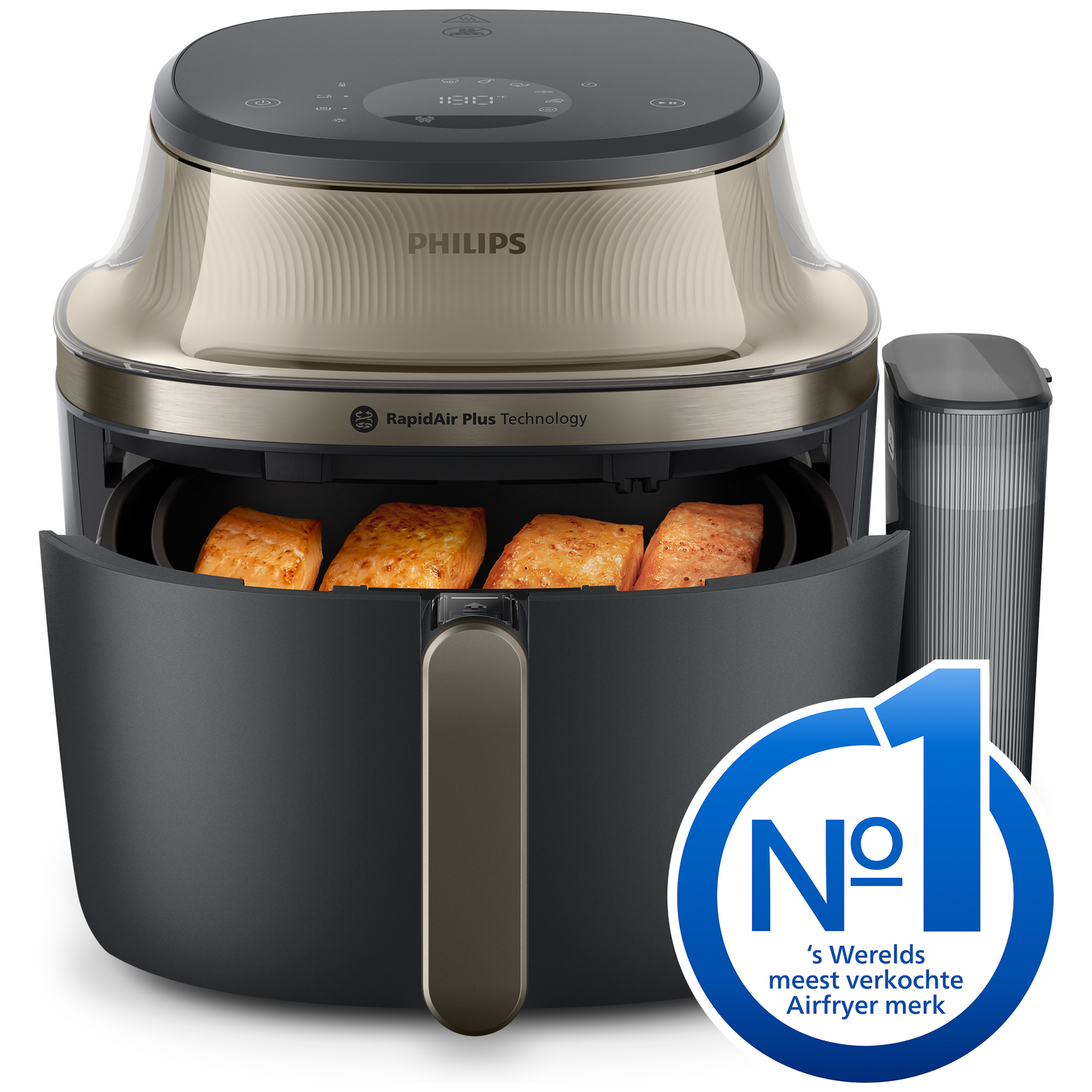 Een Philips Airfryer met vier zalmfilets in de mand.