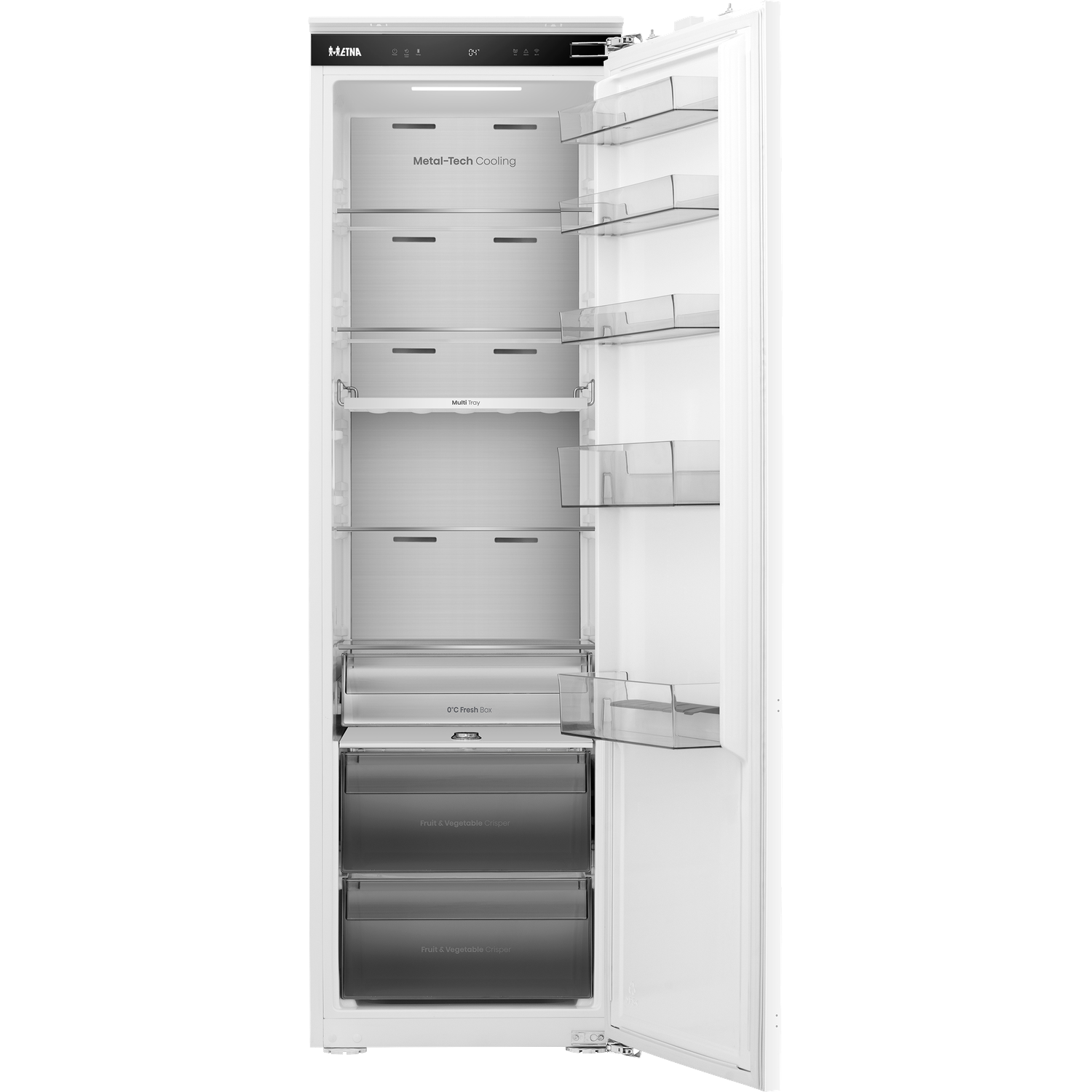 A white refrigerator with its door open, showing detailed shelves and drawers.