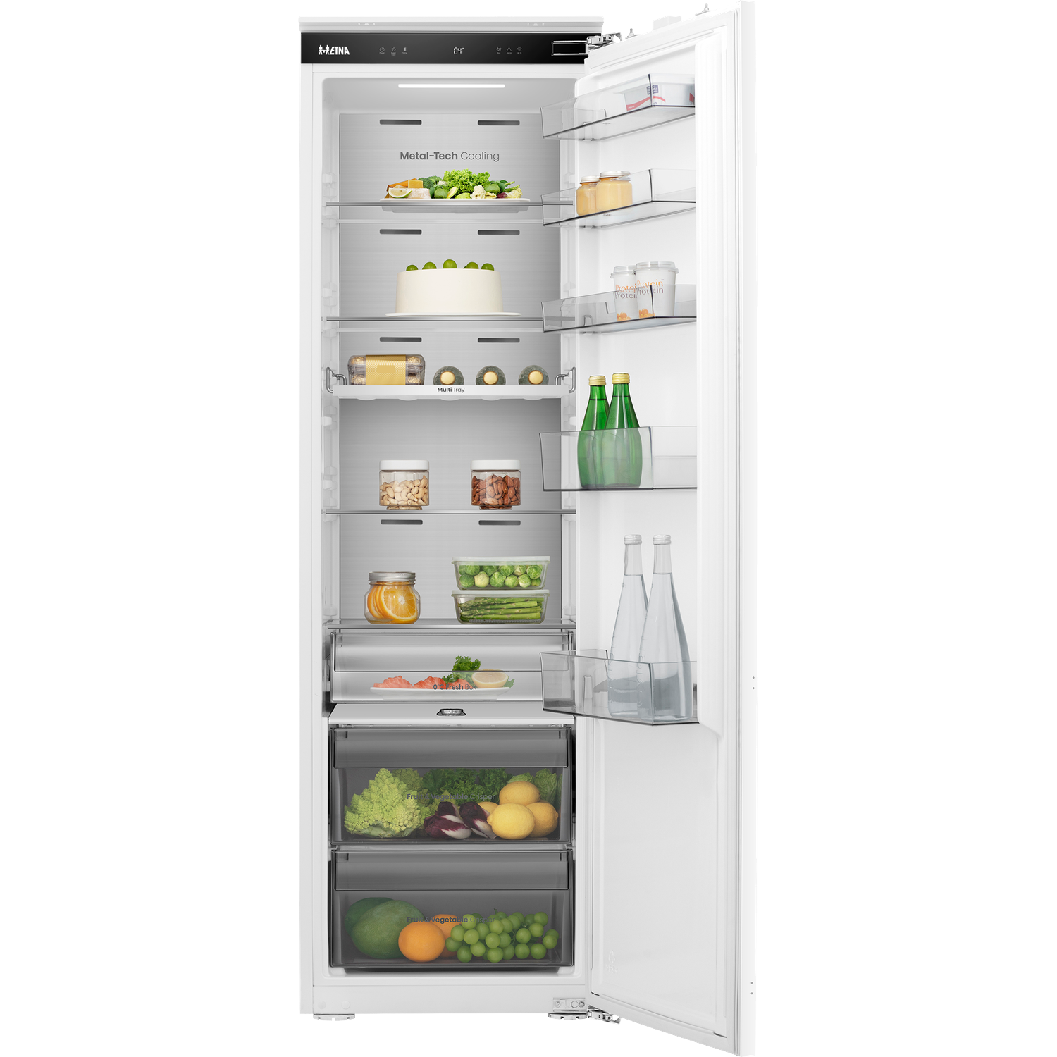 An open refrigerator with food items, including a cake, fruits, and vegetables.