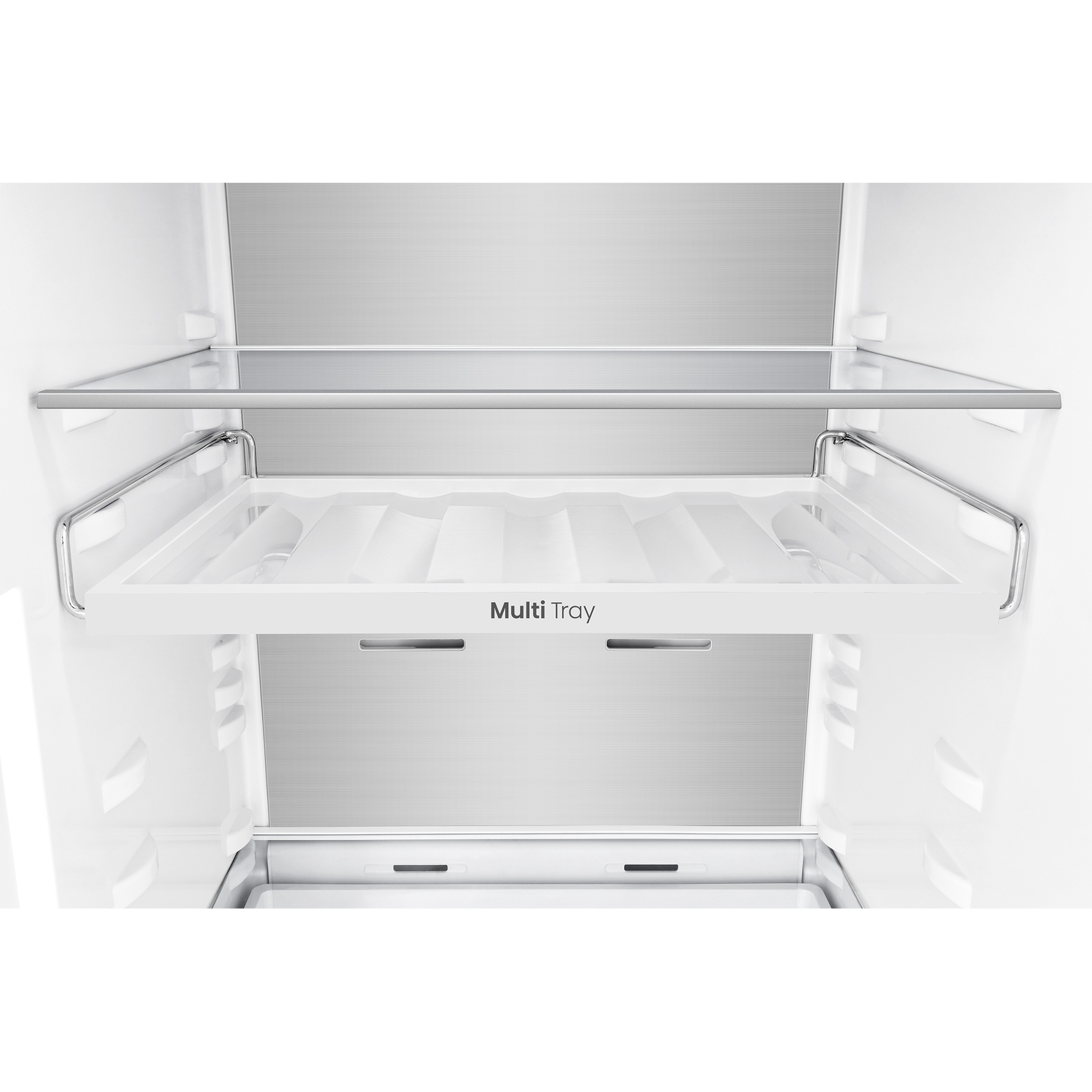 Interior view of a white refrigerator with a glass shelf and multi tray.