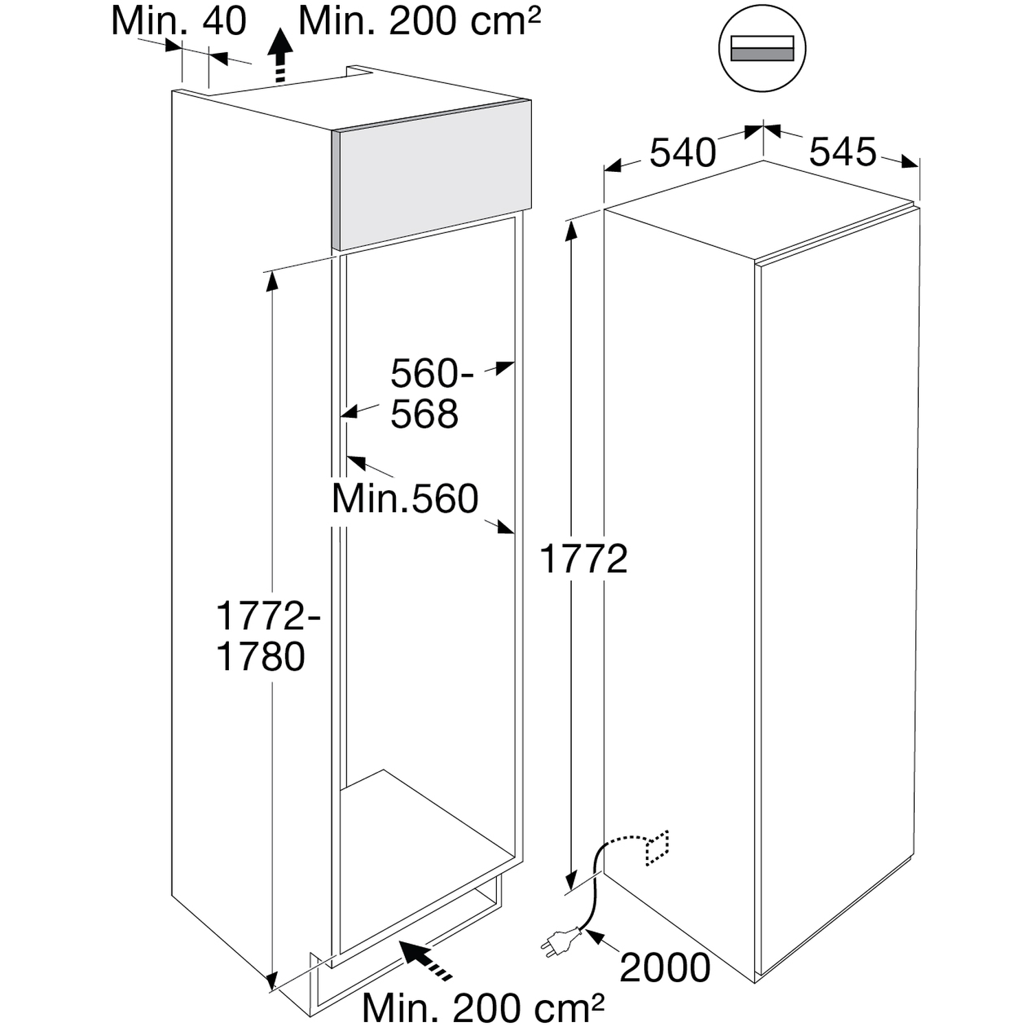 Technical drawing of a refrigerator with dimensions and installation guidelines.