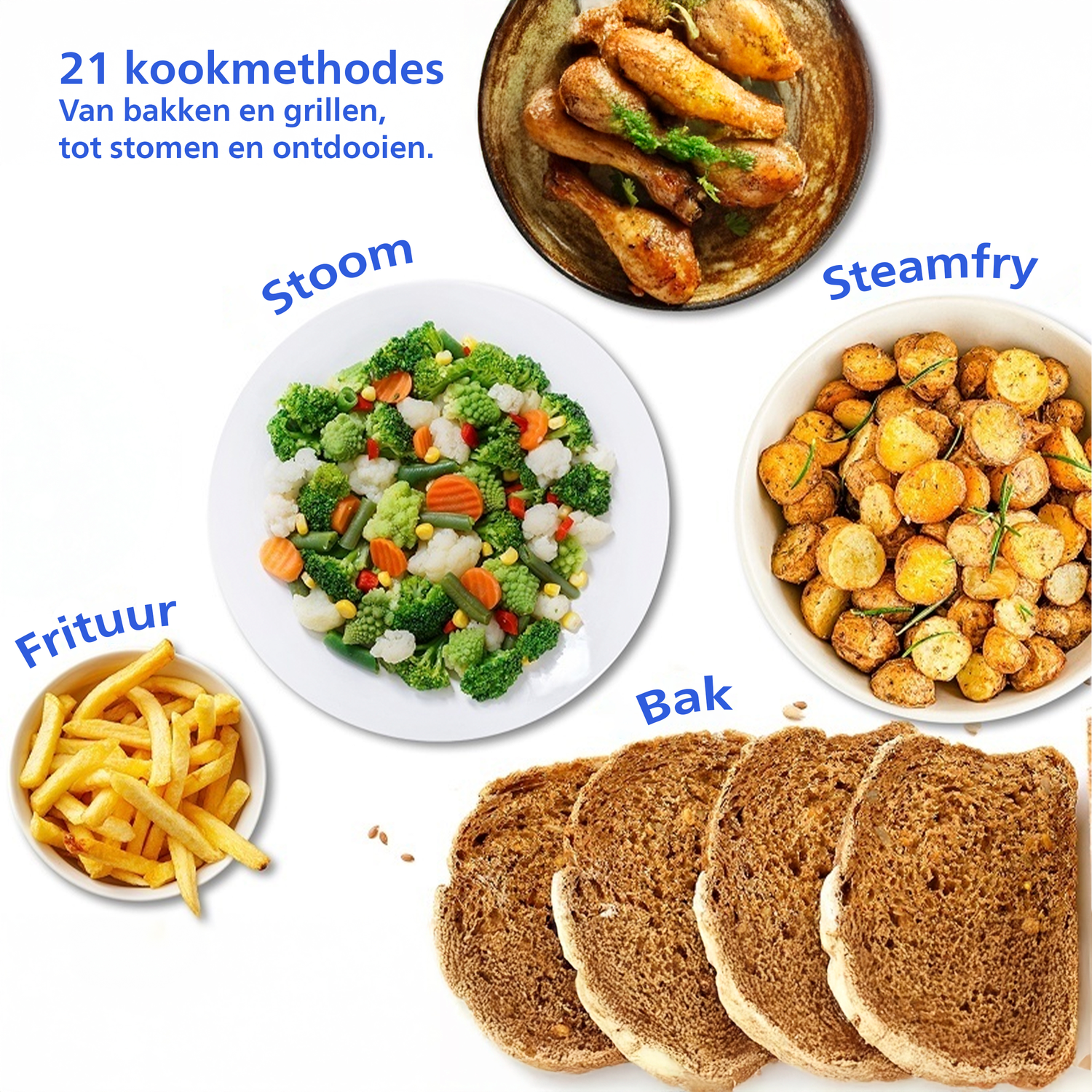 Focus op 21 kookmethodes, met kip, aardappelen, groenten en brood.