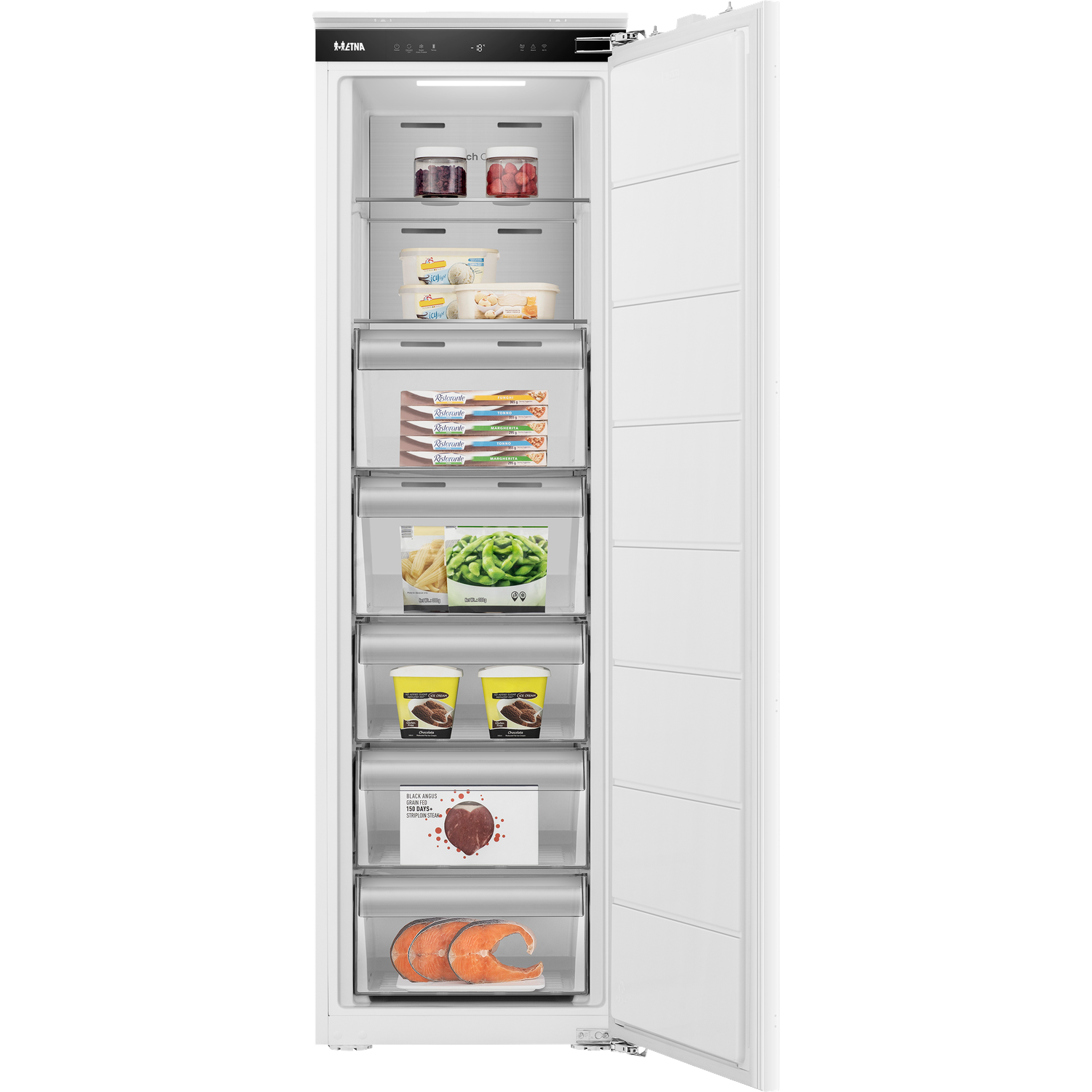 Open freezer filled with food: ice cream, pizza, vegetables, steak, fish.