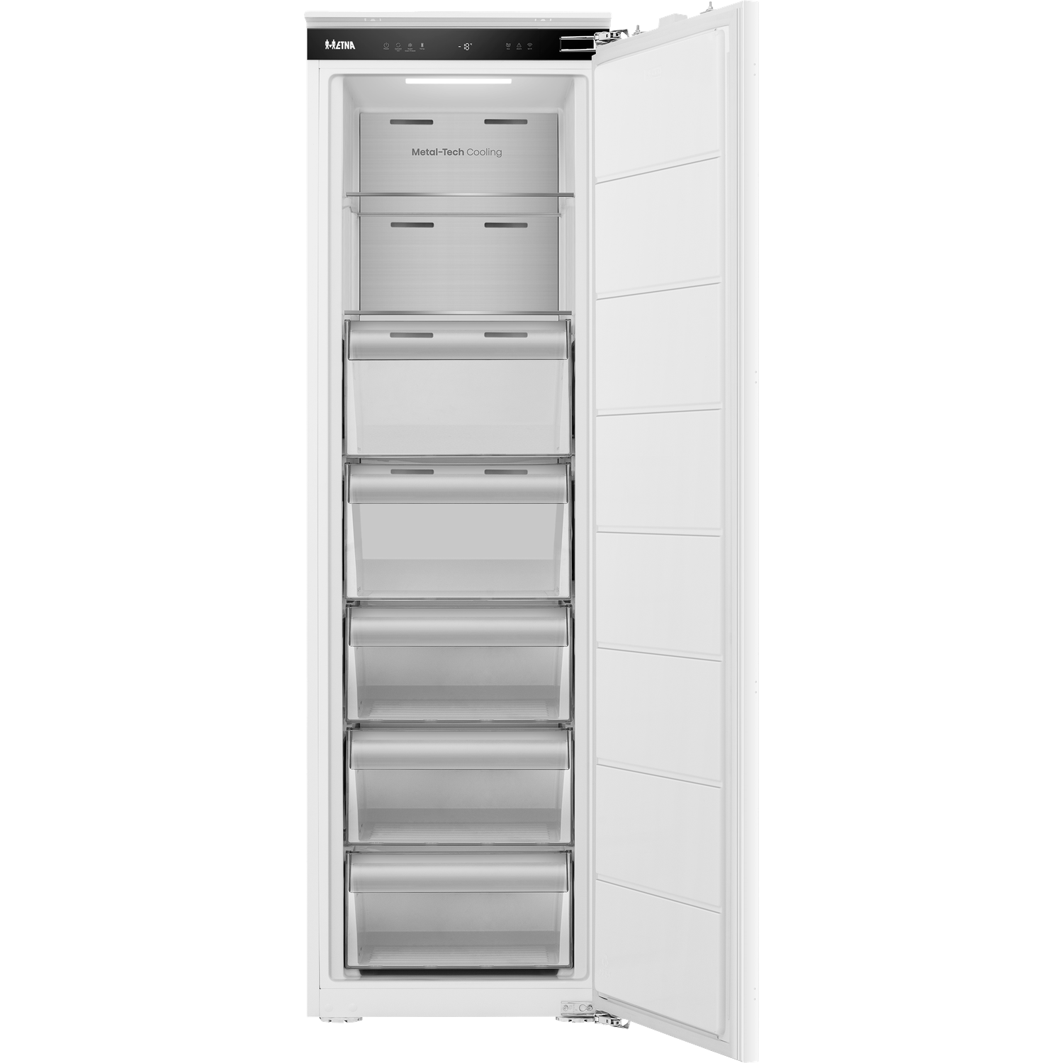 A white freezer with its door open, showing multiple transparent drawers inside.