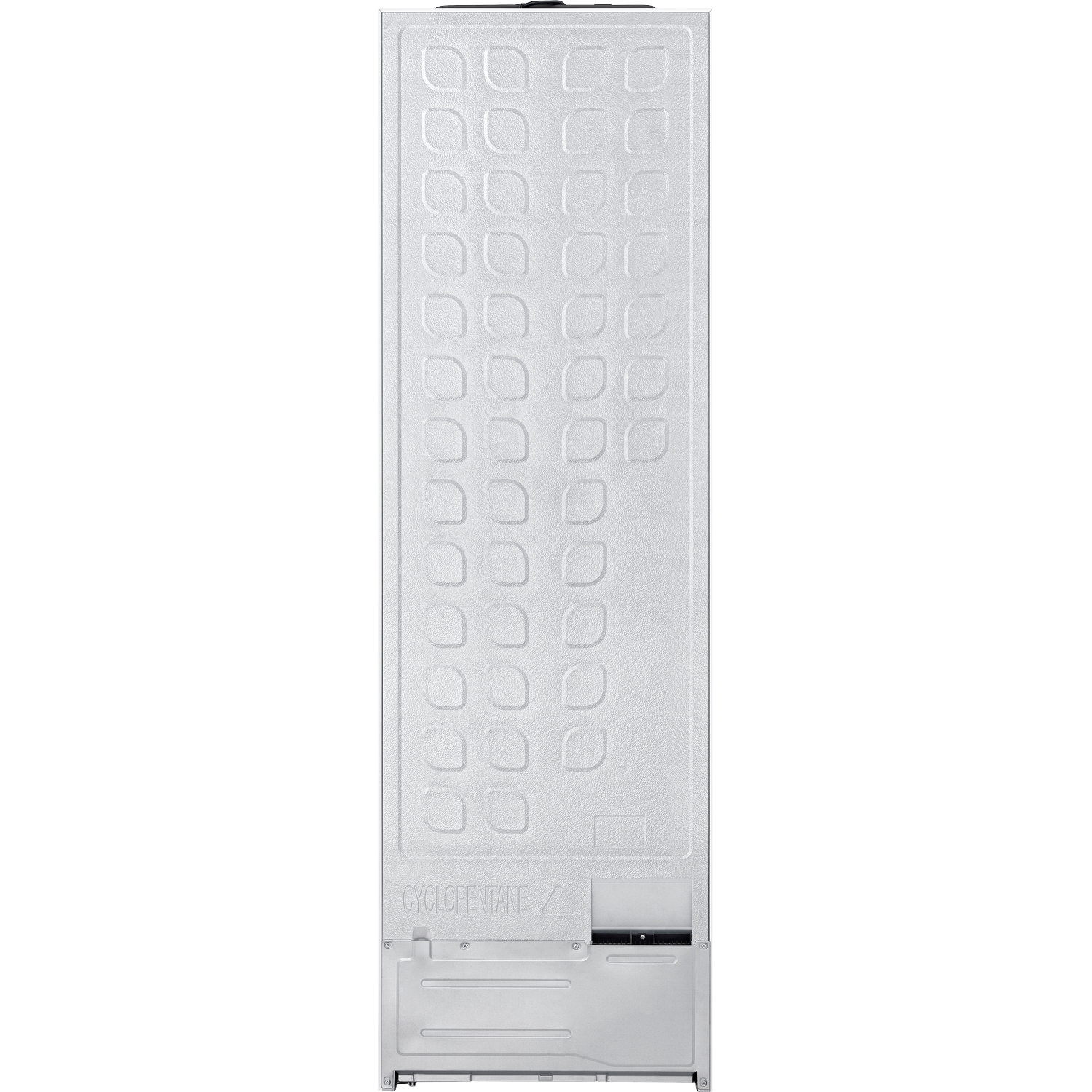 Back of a white refrigerator with textured pattern and technical details.