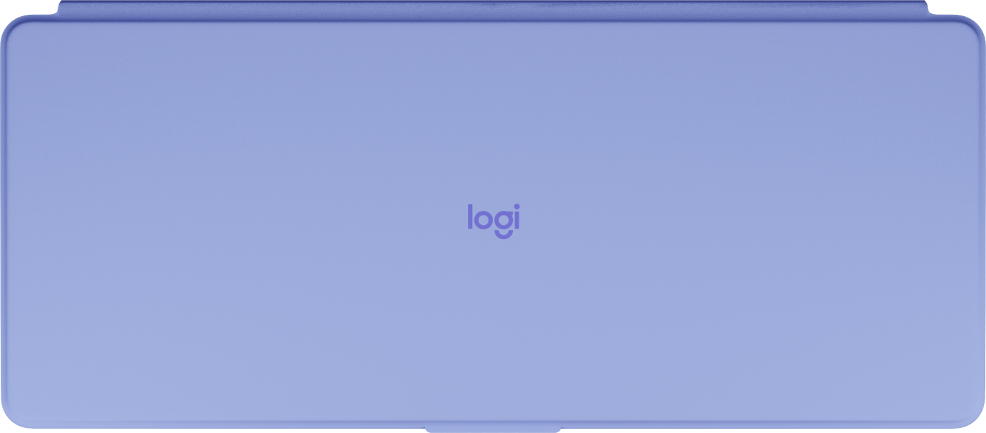 Jasnofioletowy prostokątny przedmiot z logo Logi pośrodku.