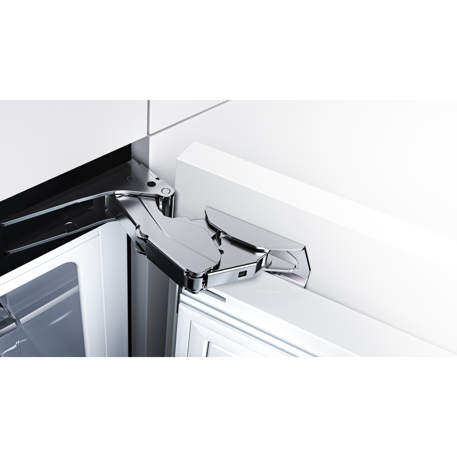 Chrome hinge on a white cabinet with an open compartment.