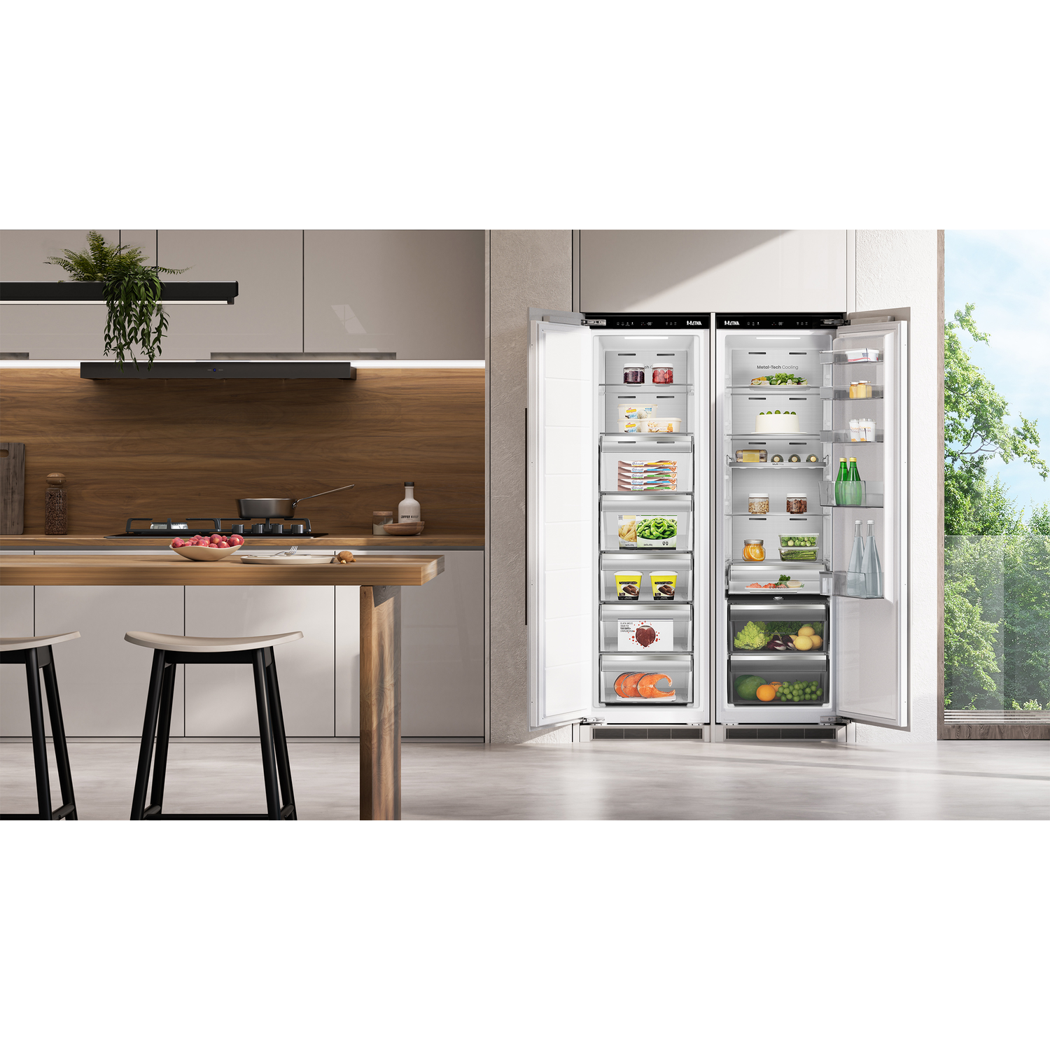 An open refrigerator-freezer with food items in a modern kitchen setting.