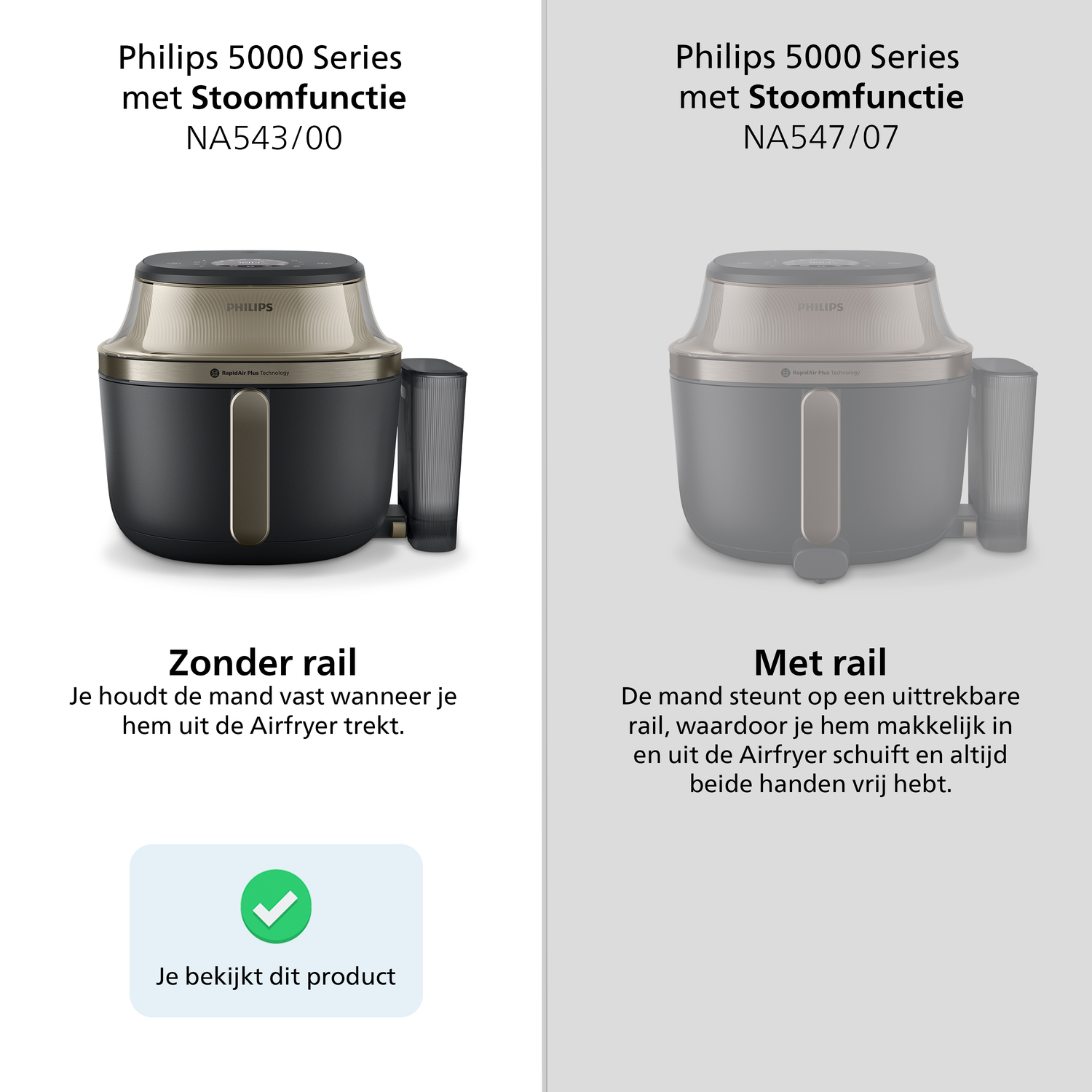 Twee Philips Airfryers: een zonder rail, een met uittrekbare rail. De rechter heeft een rail.