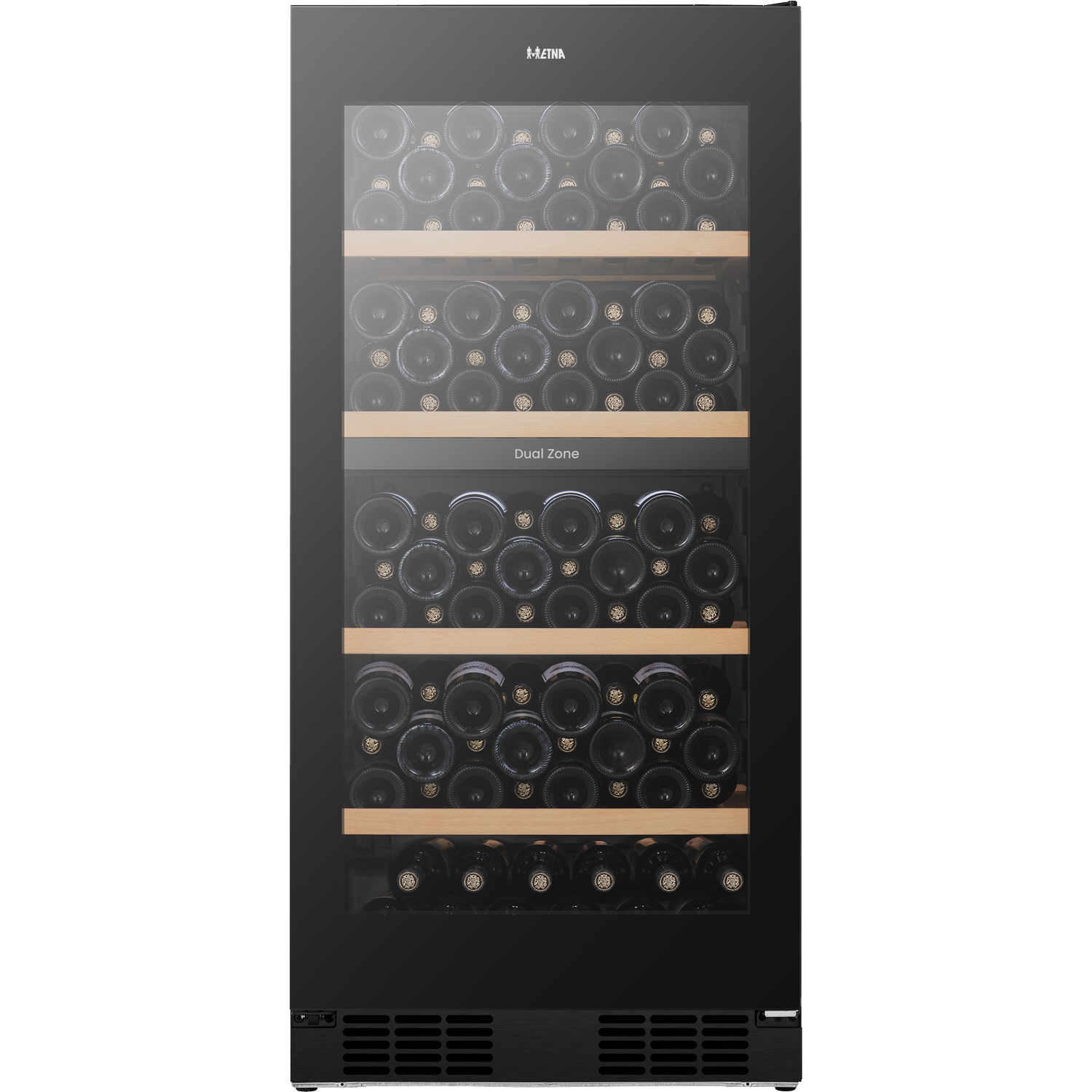 Black wine cooler with glass door, filled with many bottles on wooden shelves.