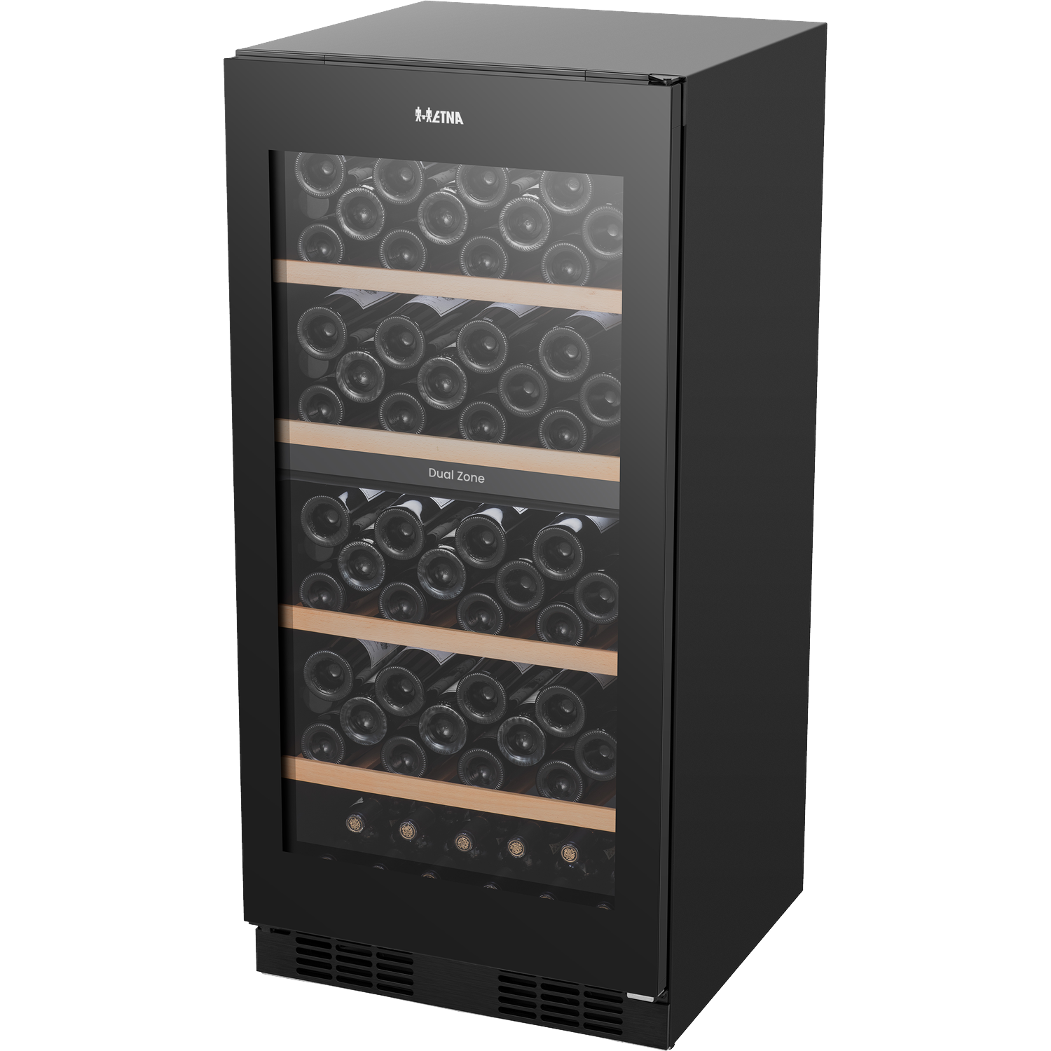 Black wine cooler with glass door, filled with many bottles on wooden shelves.