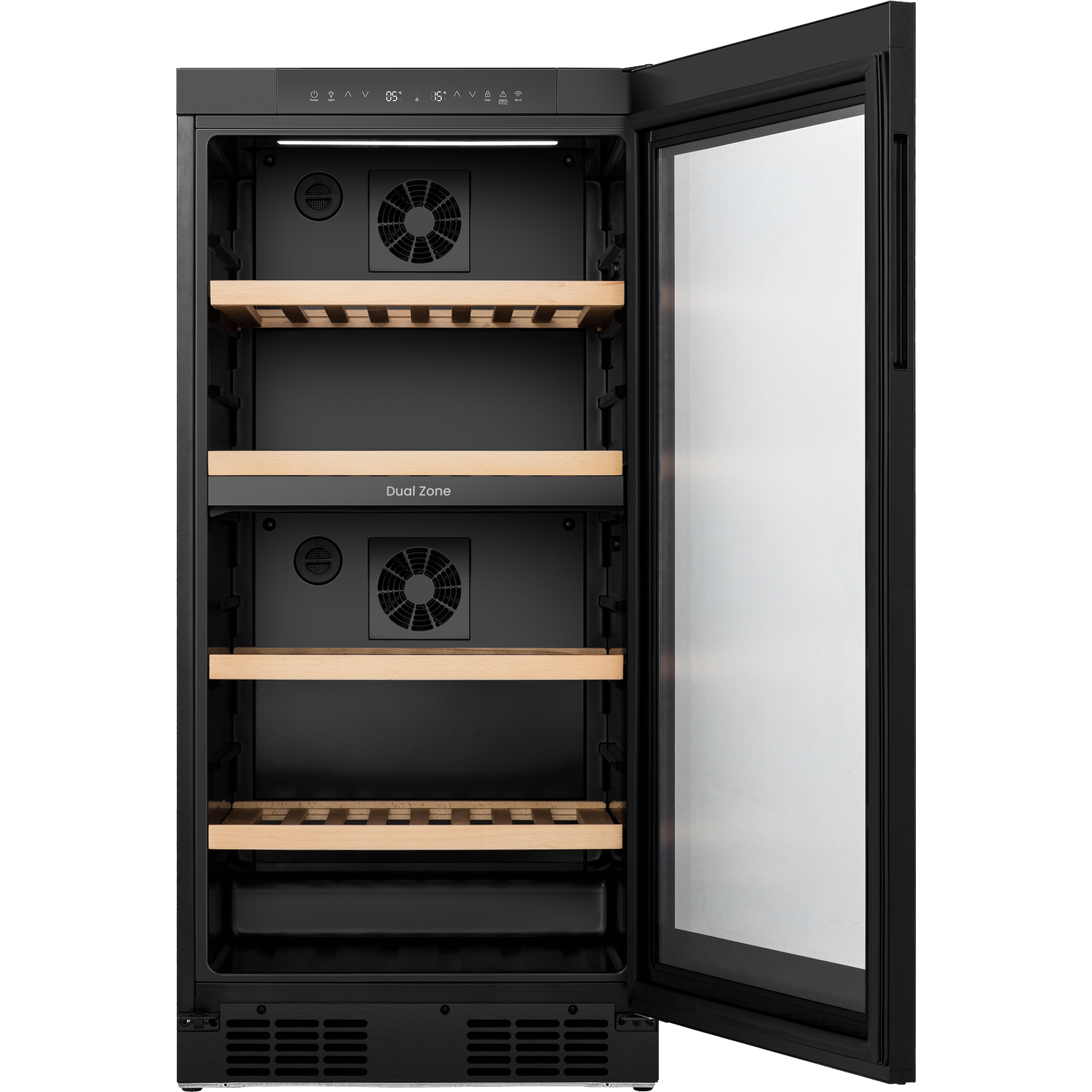 An open black wine cooler with a glass door and wooden shelves.