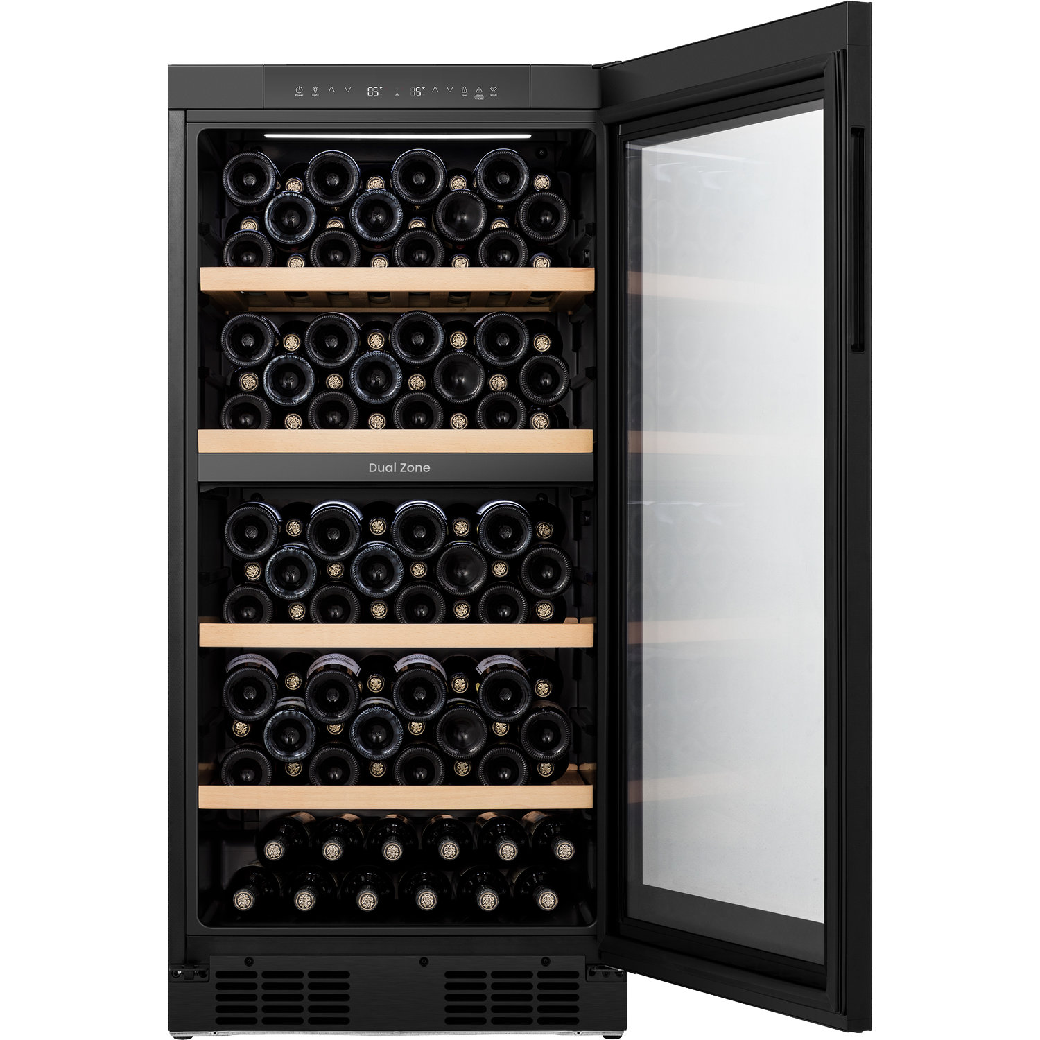 A black wine cooler with an open door, filled with many wine bottles on wooden shelves.