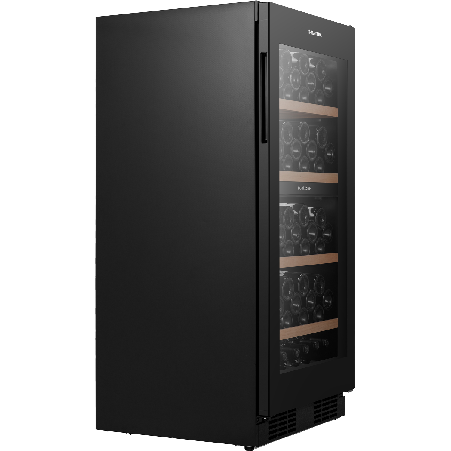 Black wine cooler with glass door, filled with wine bottles on wooden shelves.