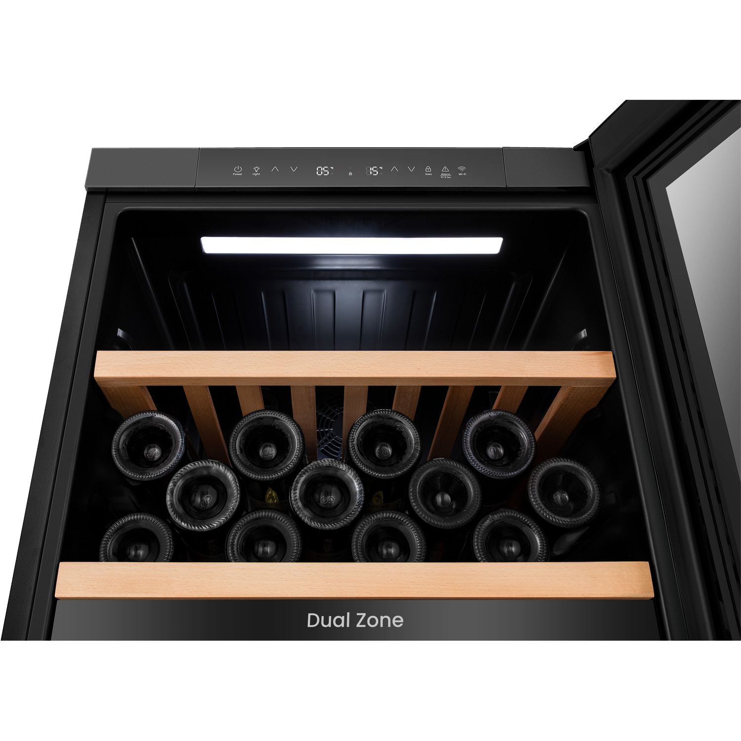 A wine cooler with wooden shelves filled with black bottles. Digital display at the top.