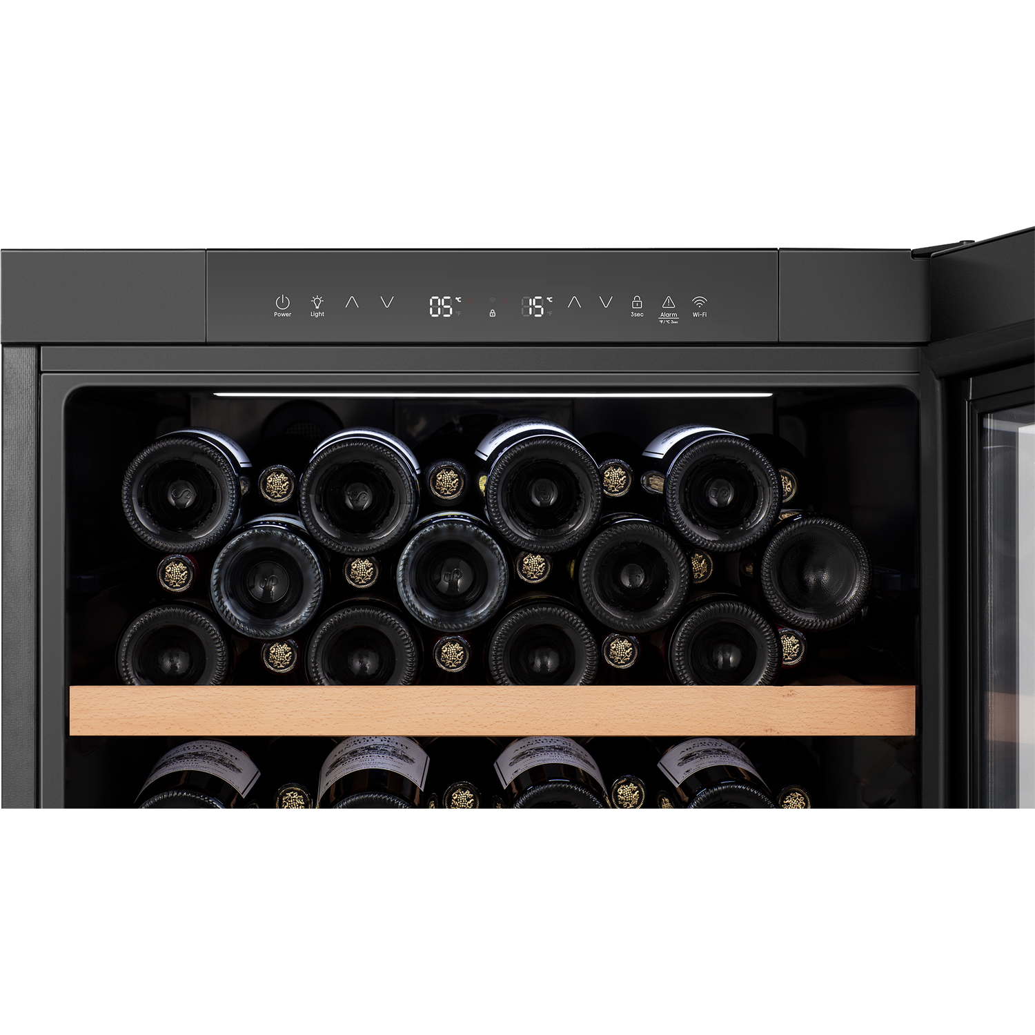 A wine cooler with multiple bottles on two shelves, illuminated from above.